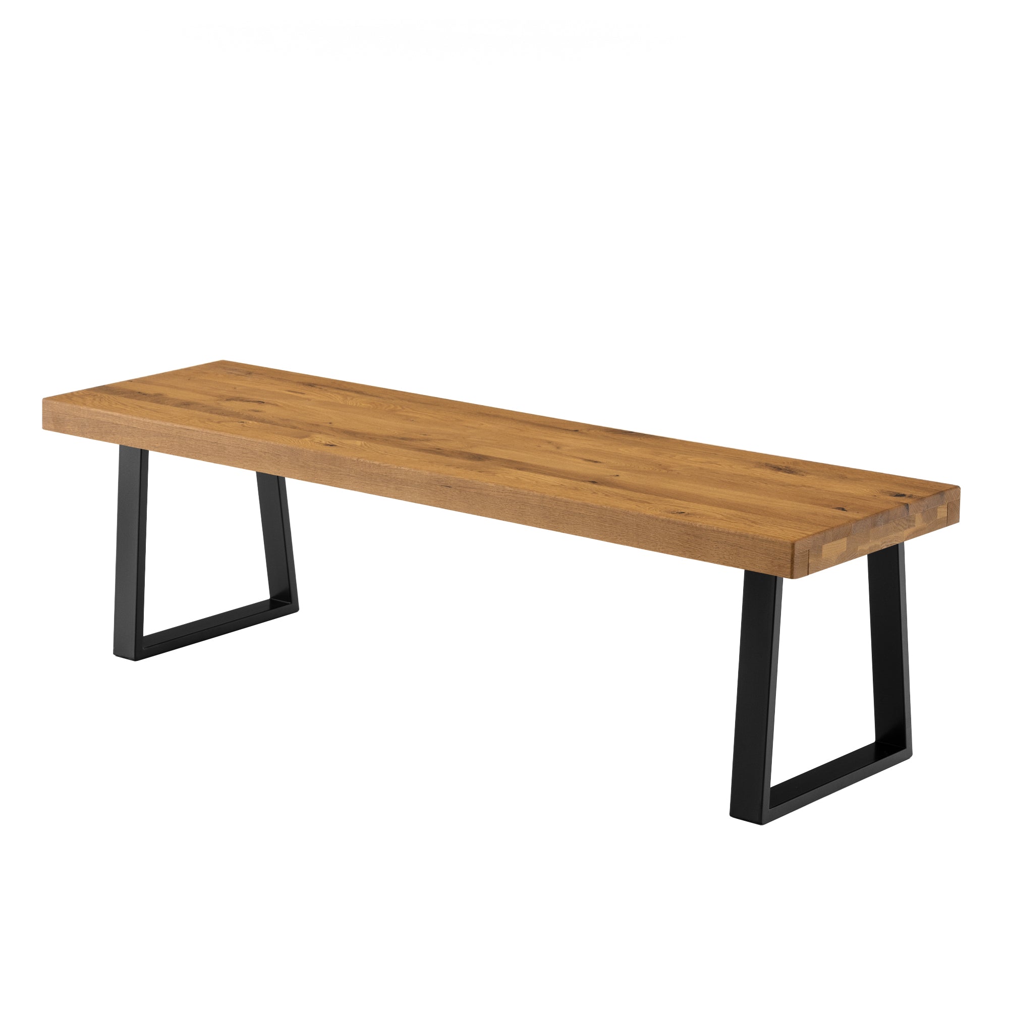 Banco de Roble Macizo ÁMBAR con Patas Inclinadas de Acero Negro – 120 a 220 cm
