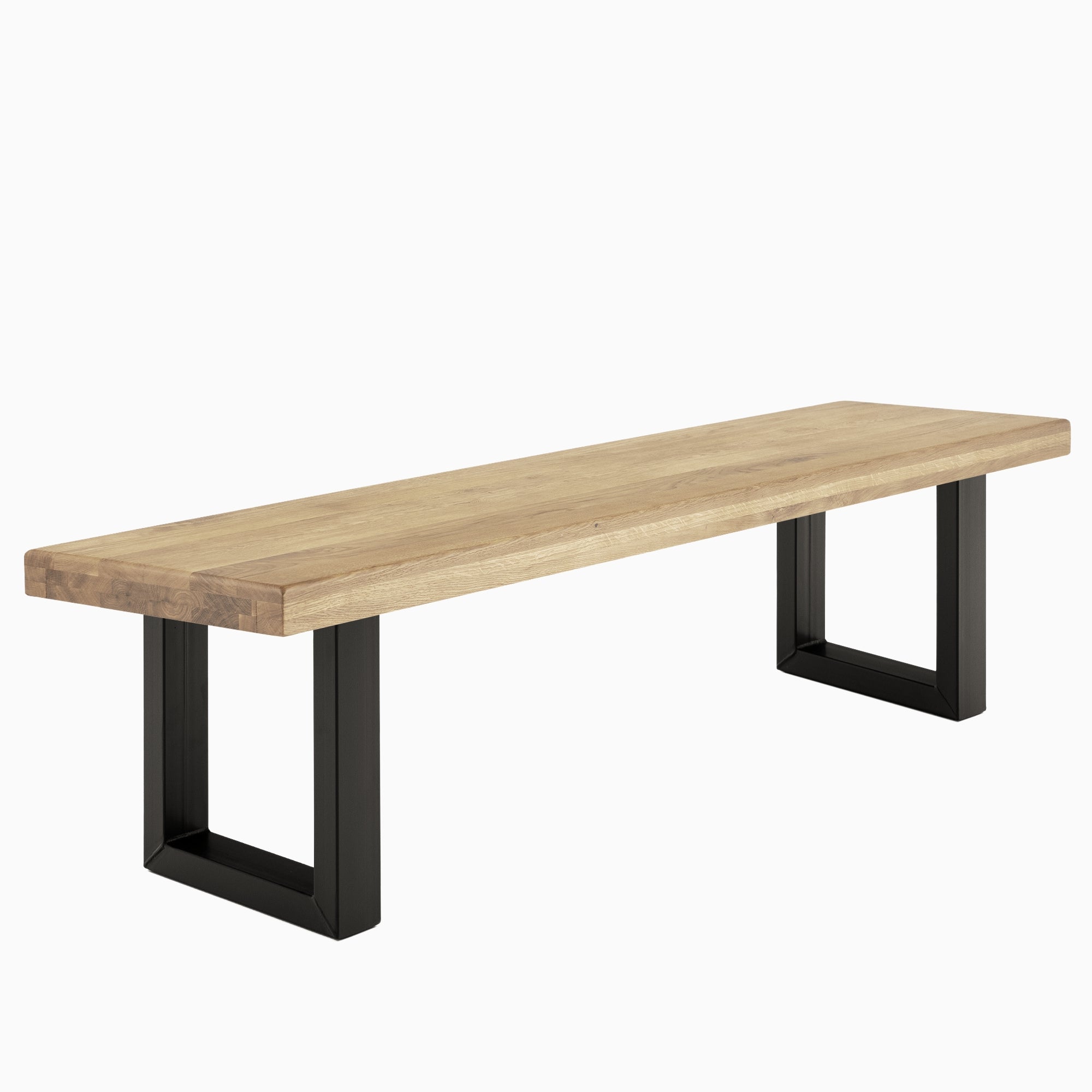 Banco de Roble Macizo NATURA con Patas de Acero Negro en U – 120 a 220 cm, Acabado Natural, Estilo Industrial y Moderno