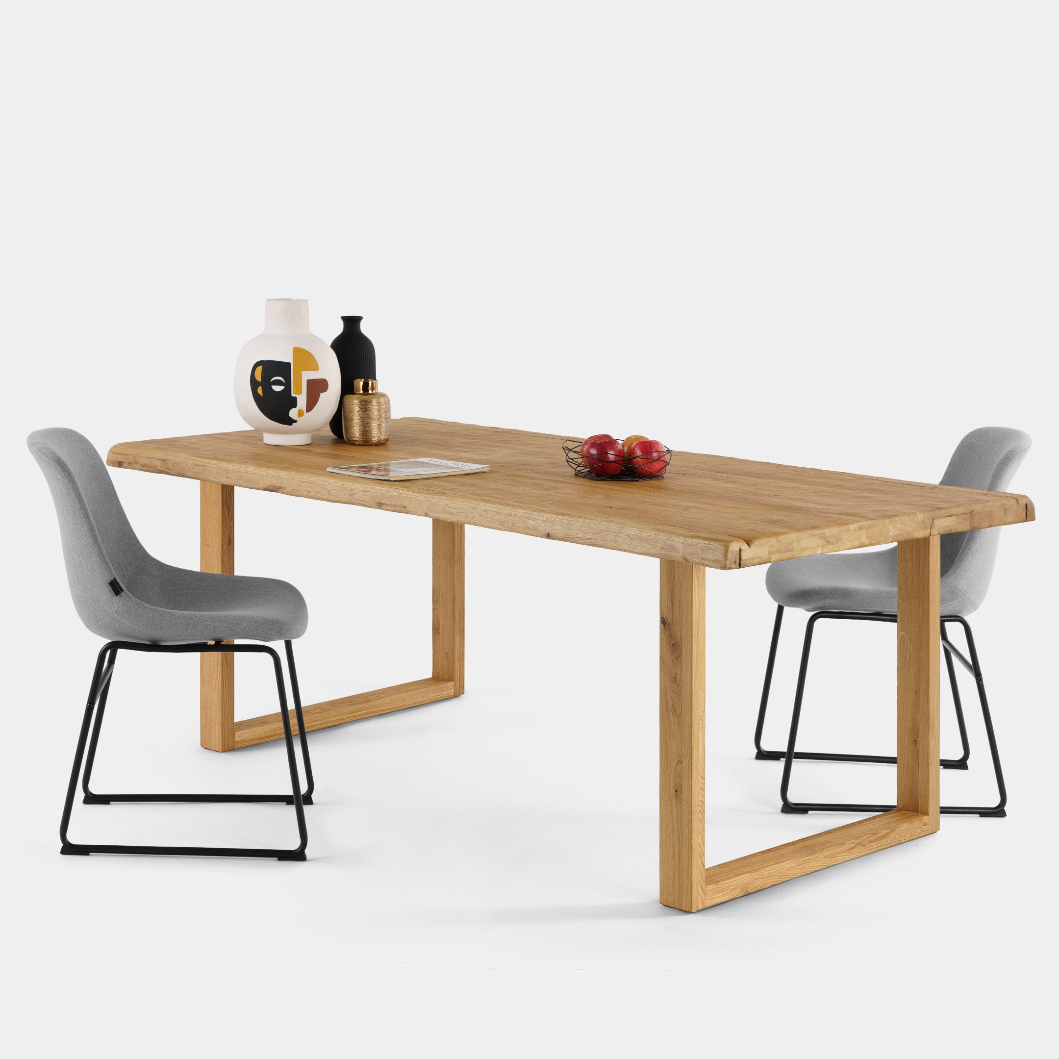 Table de salle à manger rustique avec relief en bois de chêne naturel massif et pieds en bois de chêne massif U