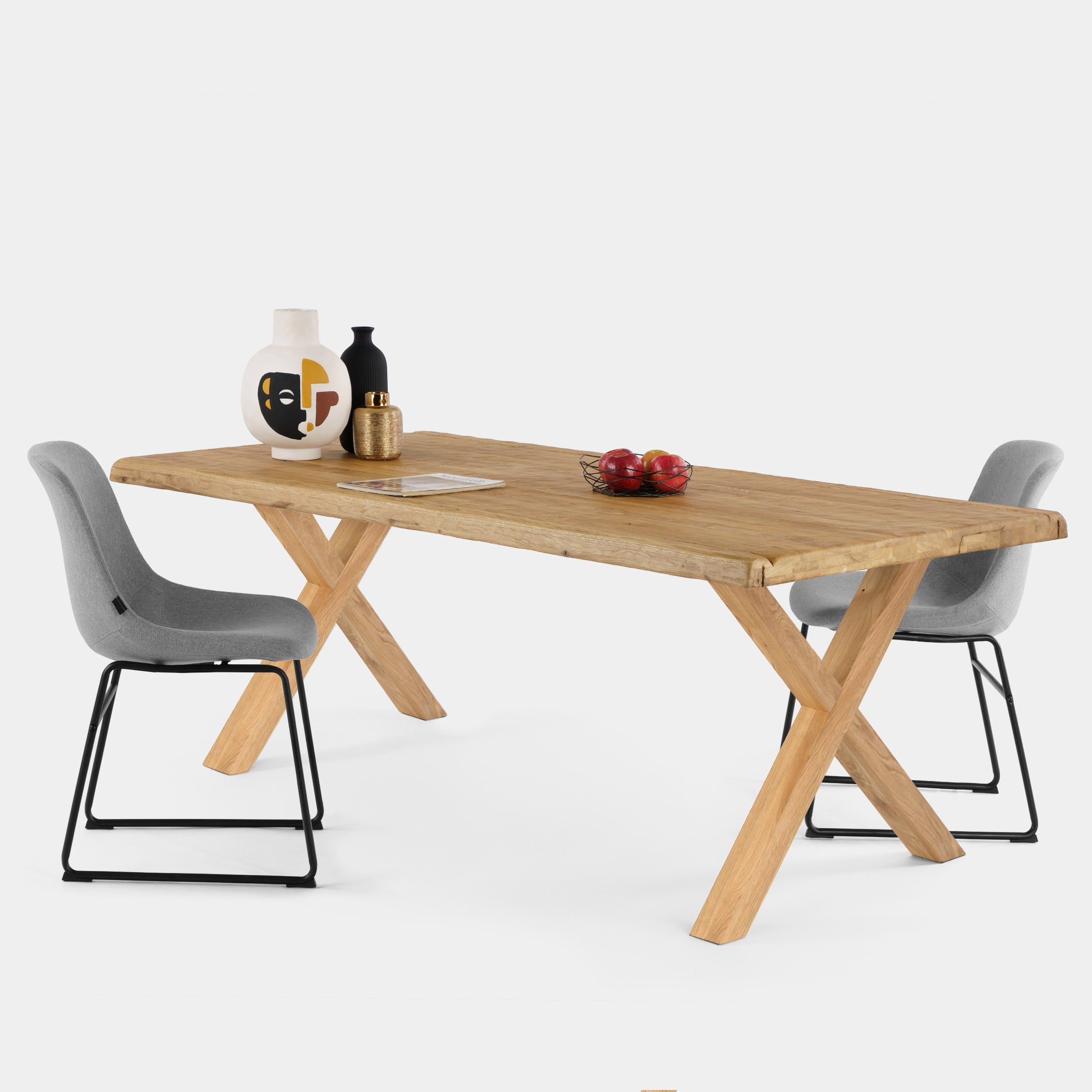 Mesa de Comedor de Roble Macizo Acabado Relieve, Color Natural y Patas de Roble en X
