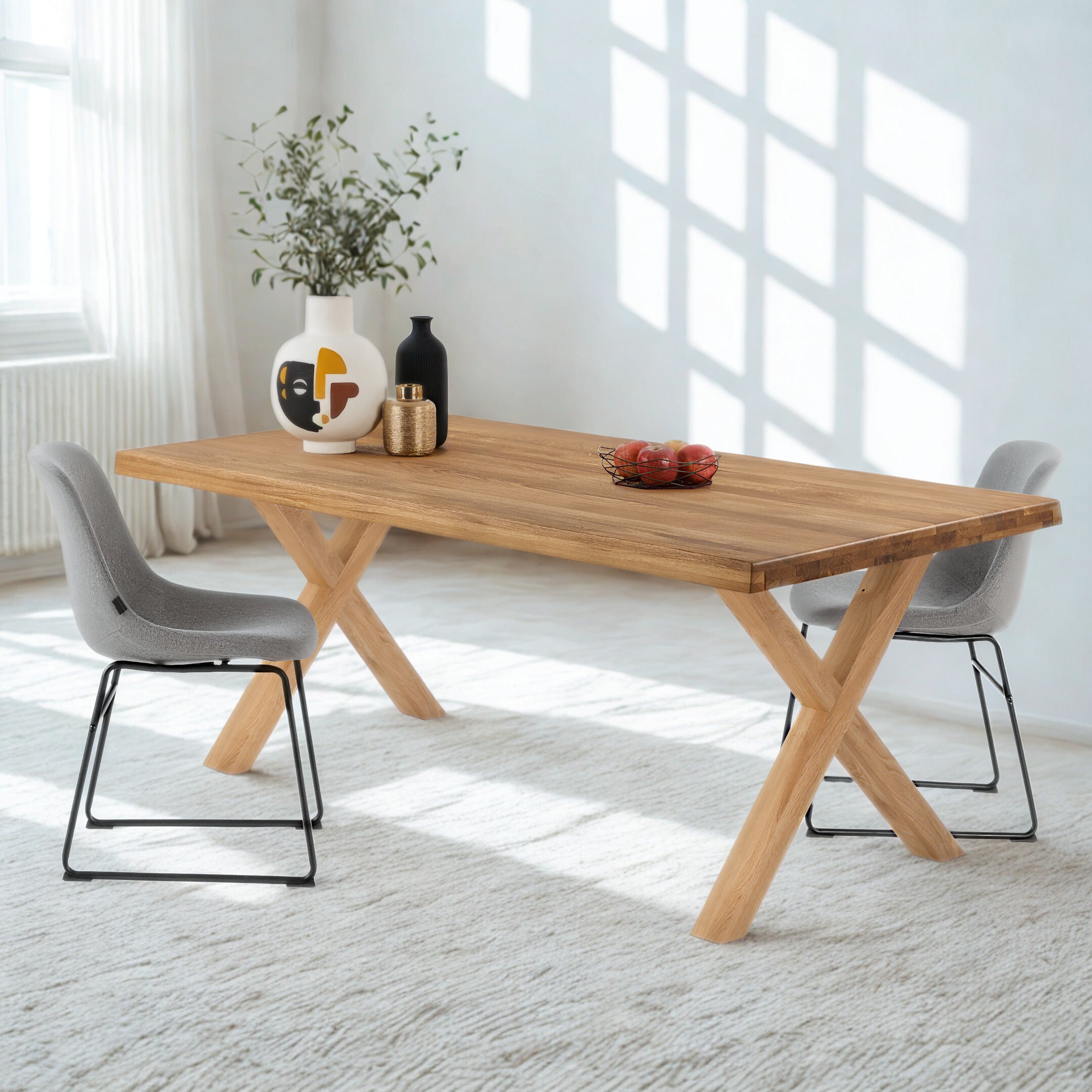 Mesa de Comedor de Roble Macizo Ámbar, Canto Ondulado, Patas X de Roble
