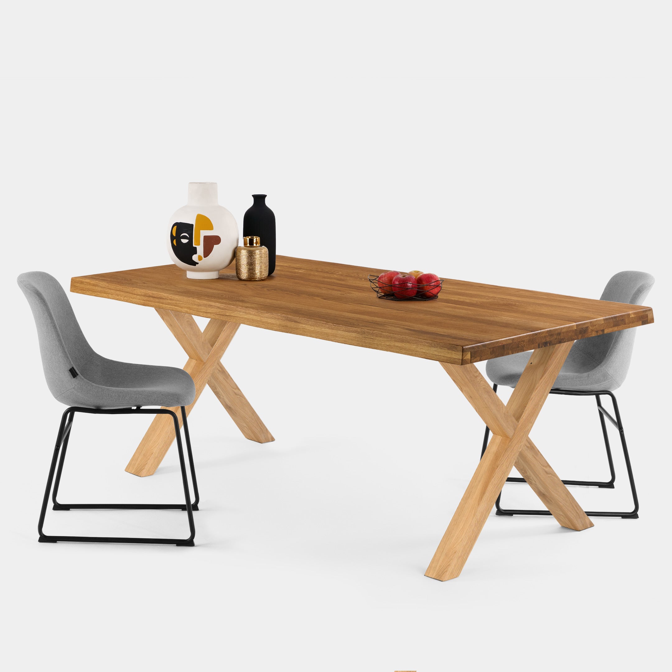 Mesa de Comedor de Roble Macizo Ámbar, Canto Ondulado, Patas X de Roble