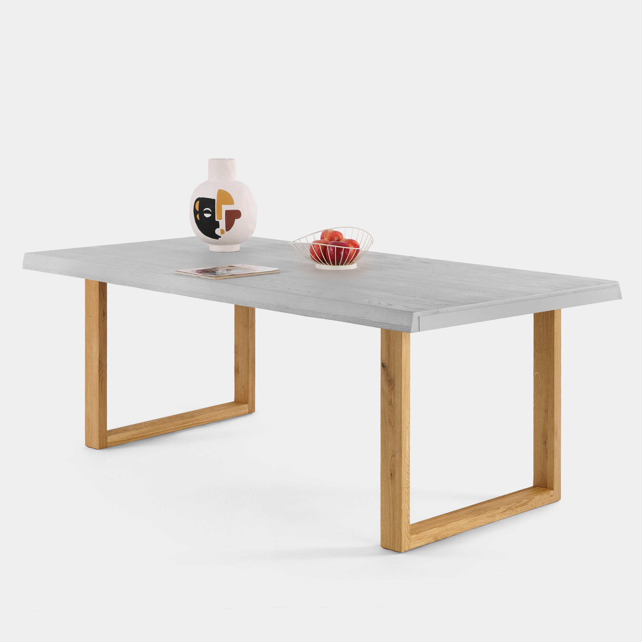 Mesa de Comedor de Madera Maciza de Roble Gris Claro Ondulada y Patas de madera Roble Macizo U