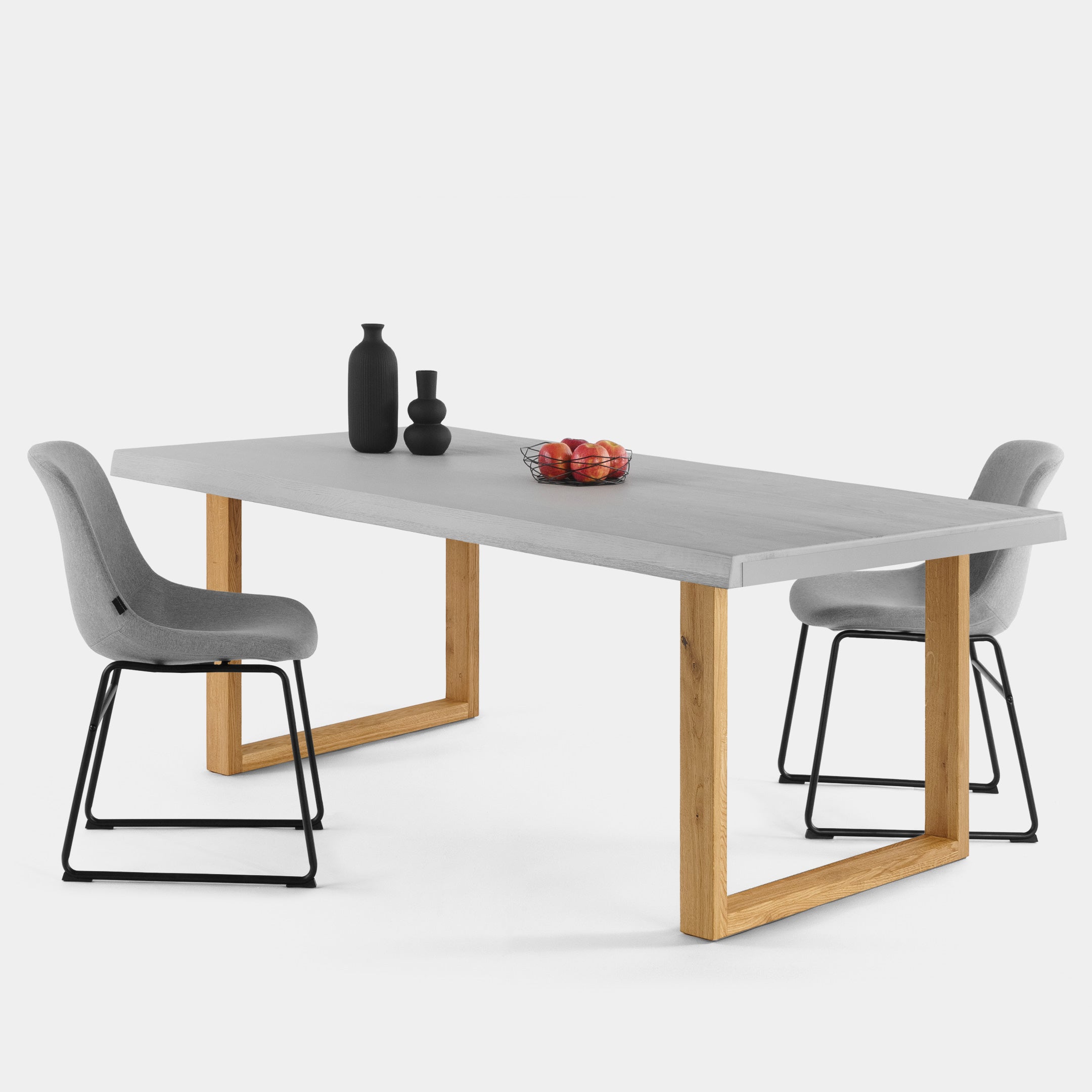 Mesa de Comedor de Madera Maciza de Roble Gris Claro Ondulada y Patas de madera Roble Macizo U