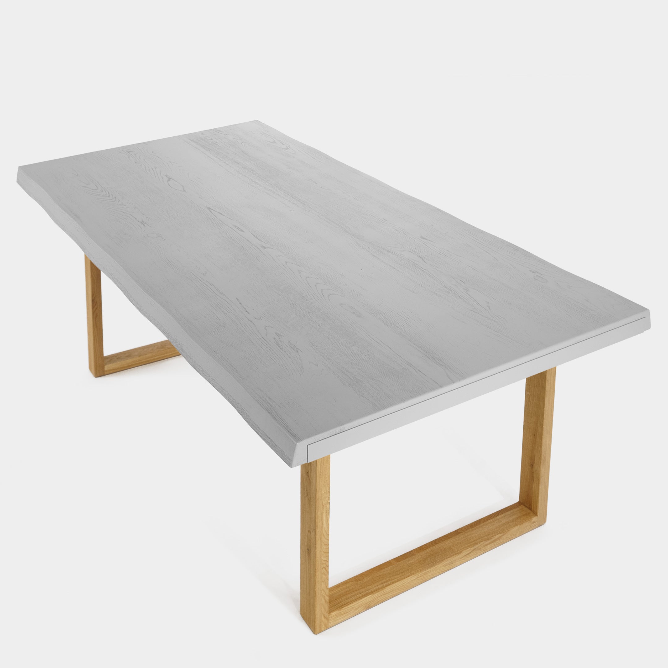 Mesa de Comedor de Madera Maciza de Roble Gris Claro Ondulada y Patas de madera Roble Macizo U