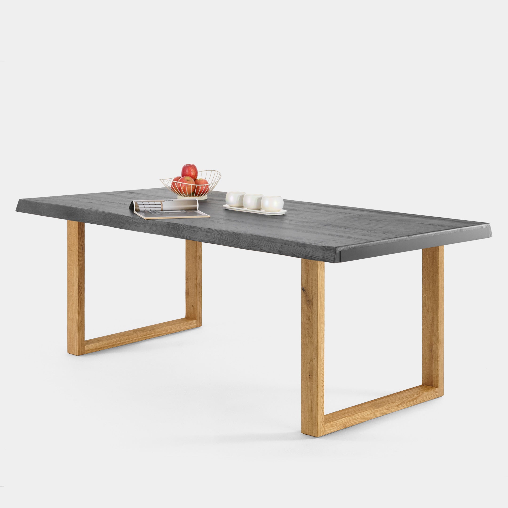 Mesa de Comedor de Madera Maciza de Roble Gris Oscuro Ondulada y Patas de madera Roble Macizo U