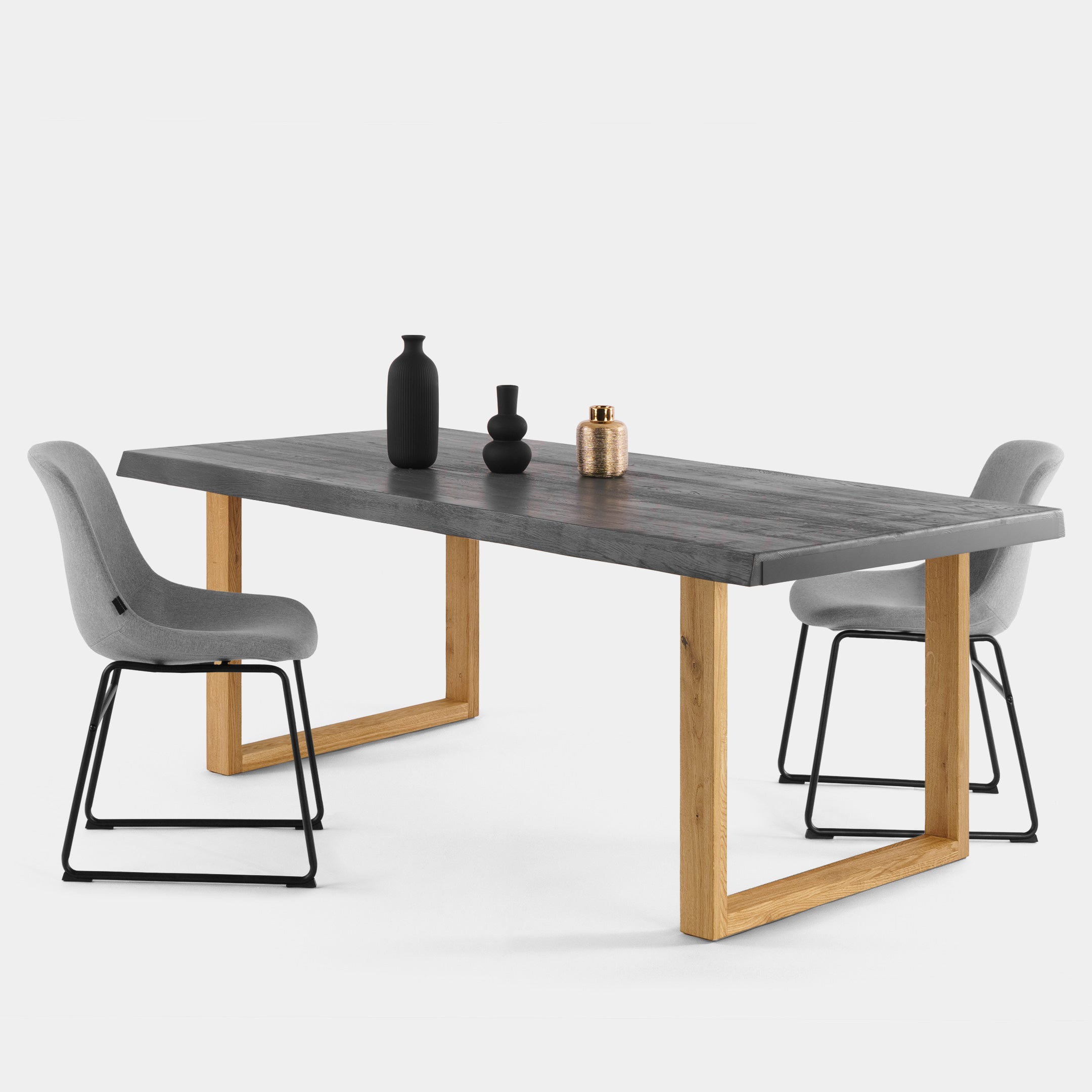 Mesa de Comedor de Madera Maciza de Roble Gris Oscuro Ondulada y Patas de madera Roble Macizo U