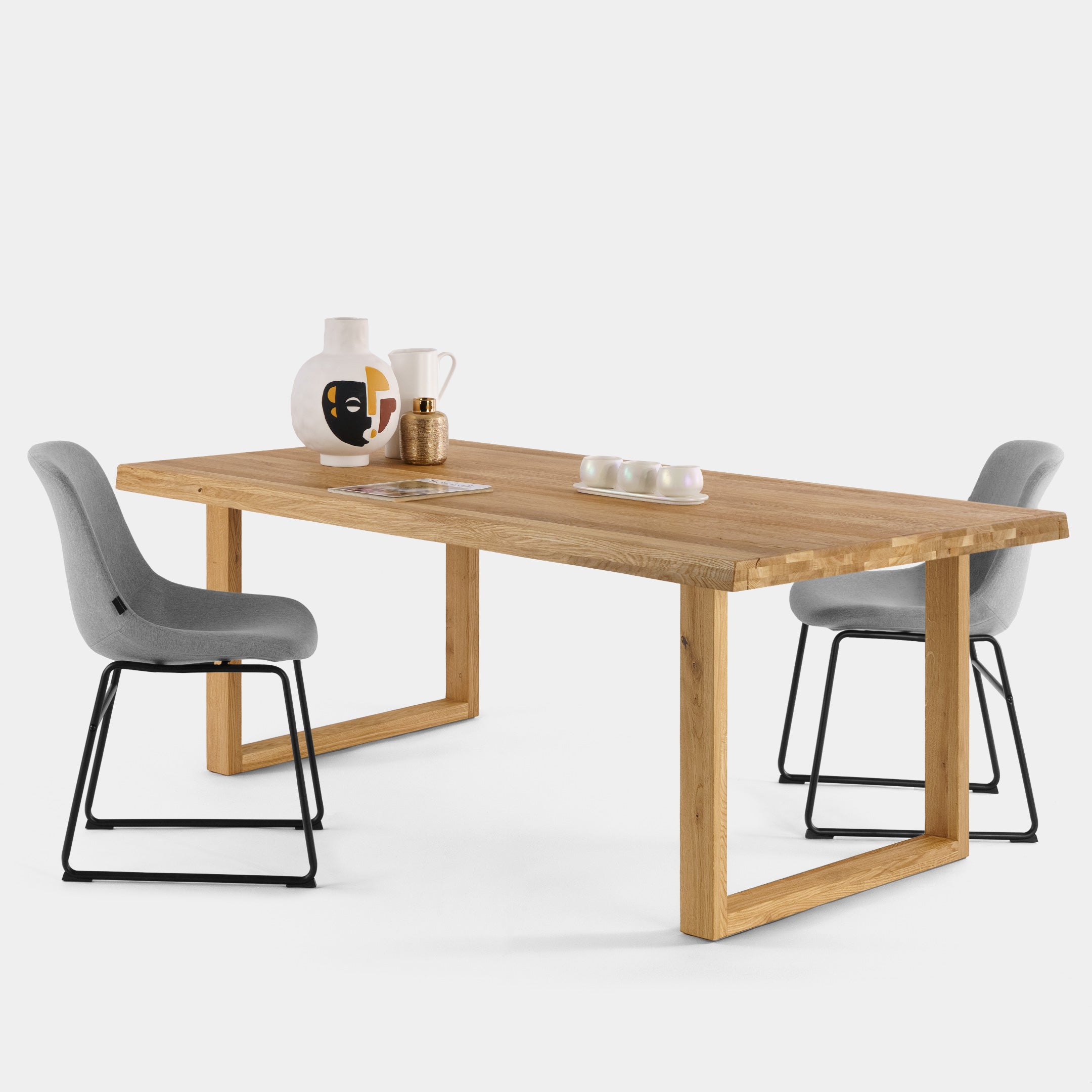 Mesa de Comedor Rustica de Madera Maciza de Roble Dorado Ondulada y Patas de madera Roble Macizo U