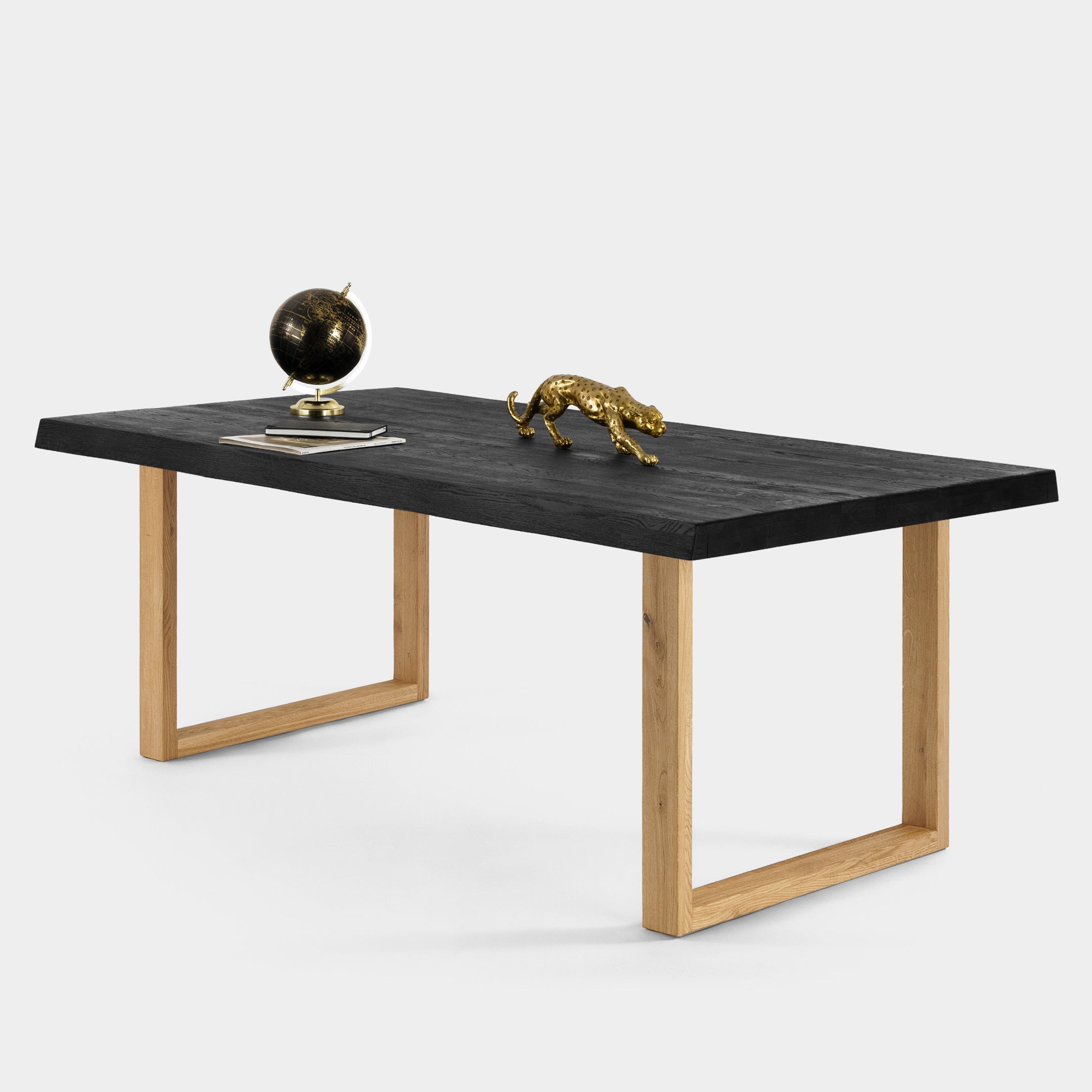 Table à manger rustique en bois ondulé de chêne noir massif et pieds en bois de chêne massif U
