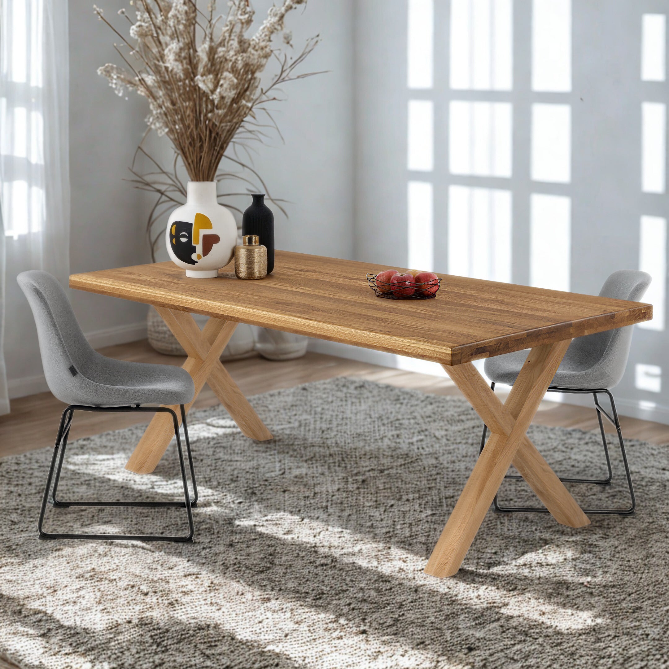 Mesa de Comedor de Roble Macizo Ámbar, Canto Recto, Patas X de Roble