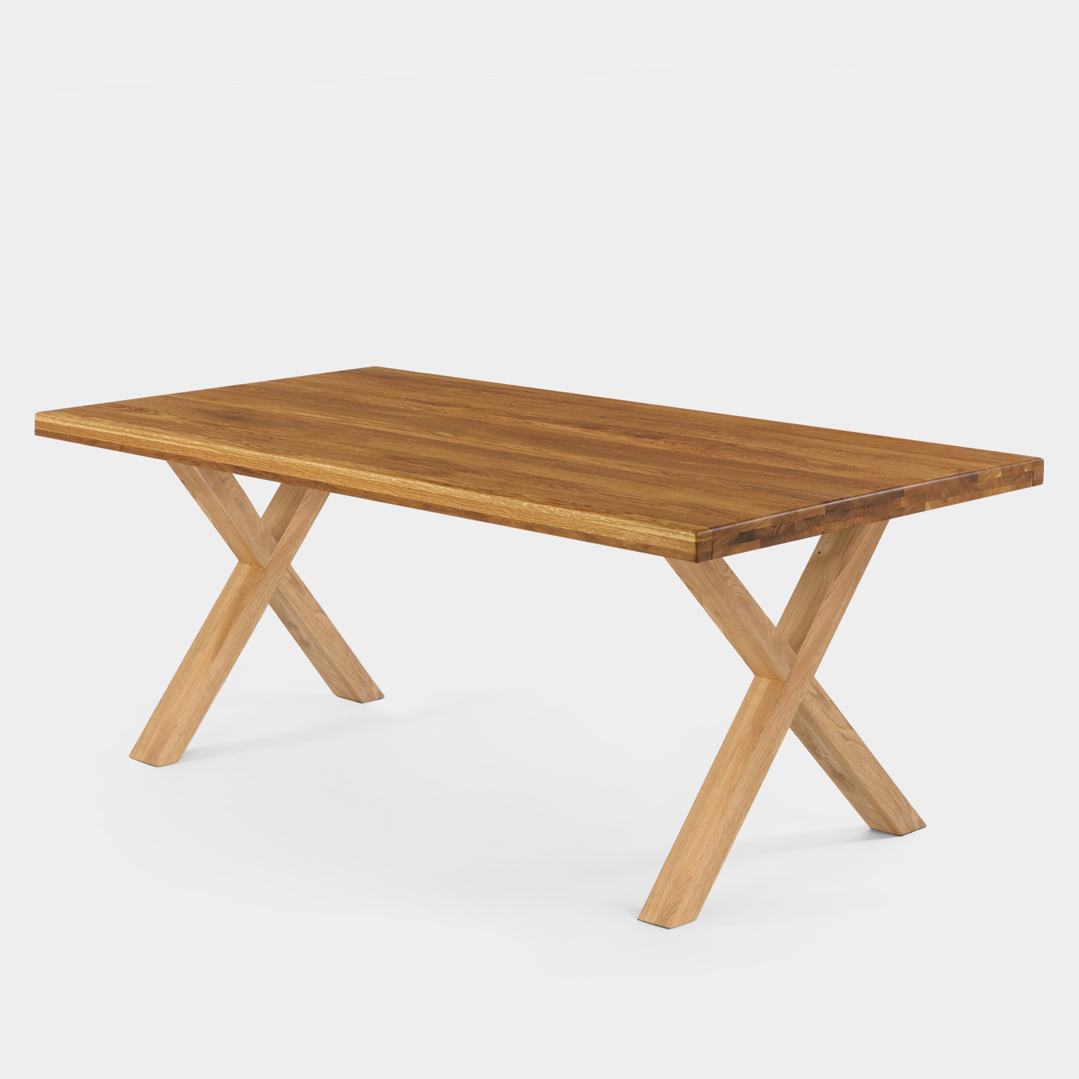 Mesa de Comedor de Roble Macizo Ámbar, Canto Recto, Patas X de Roble