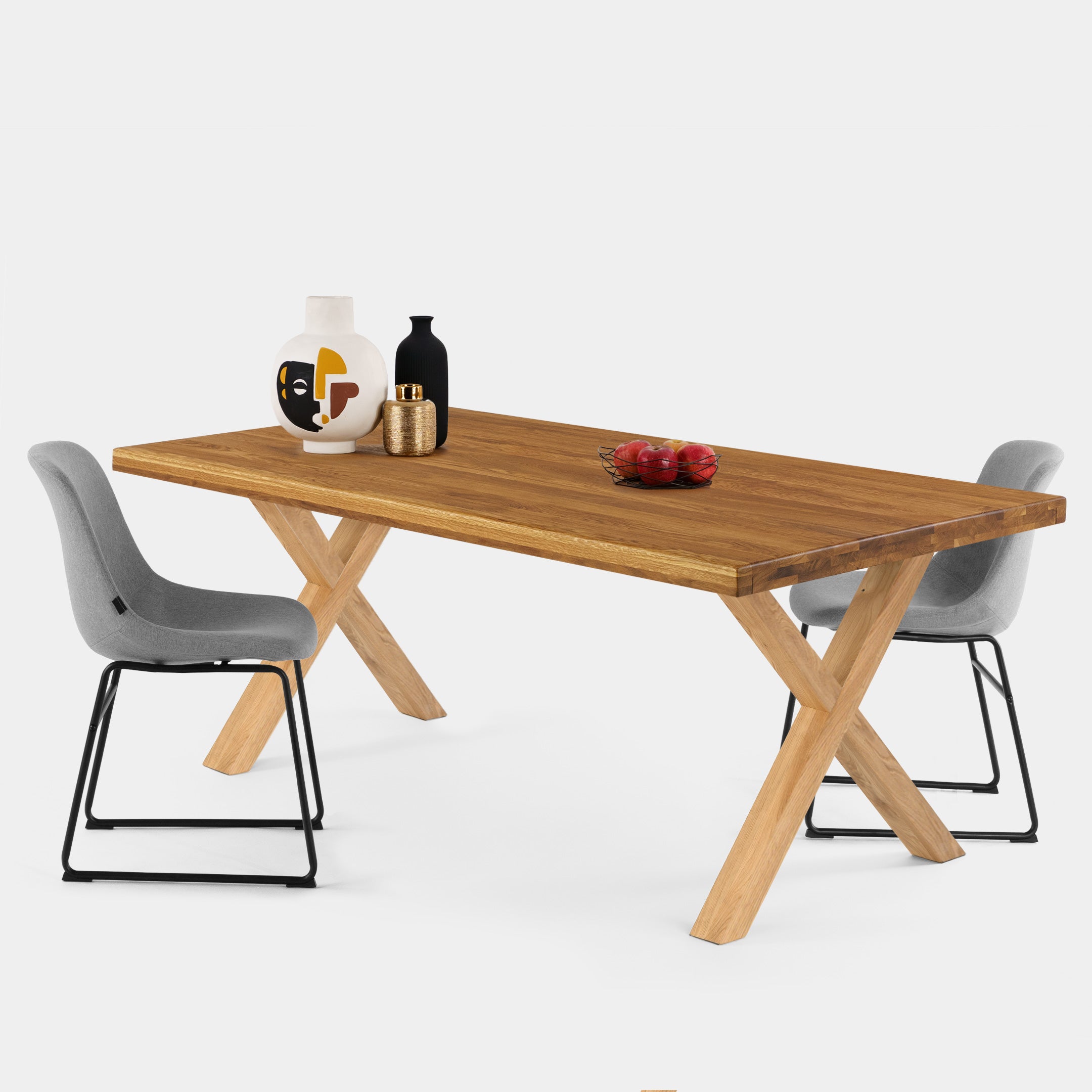 Mesa de Comedor de Roble Macizo Ámbar, Canto Recto, Patas X de Roble