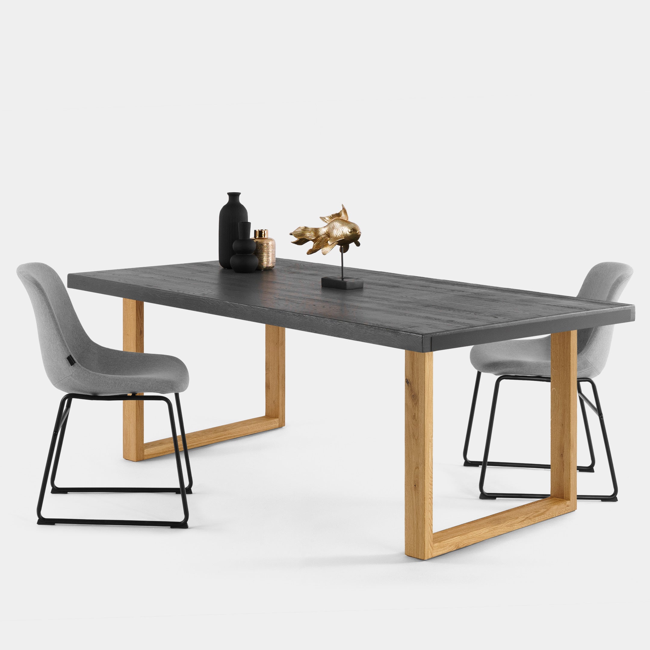 Mesa de Comedor de Madera Maciza de Roble Gris Oscuro Rectangular y Patas de madera Roble Macizo U