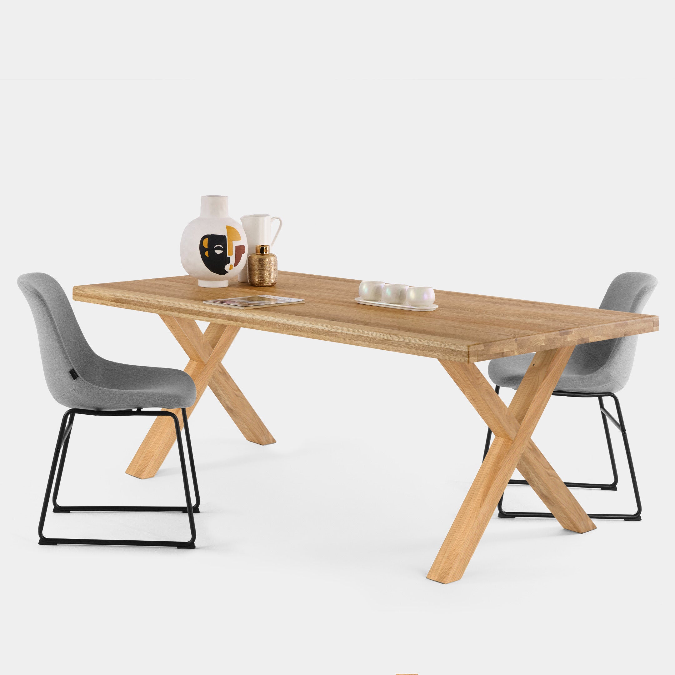 Mesa de Comedor de Roble Macizo Natural, Canto Recto, Patas X de Roble