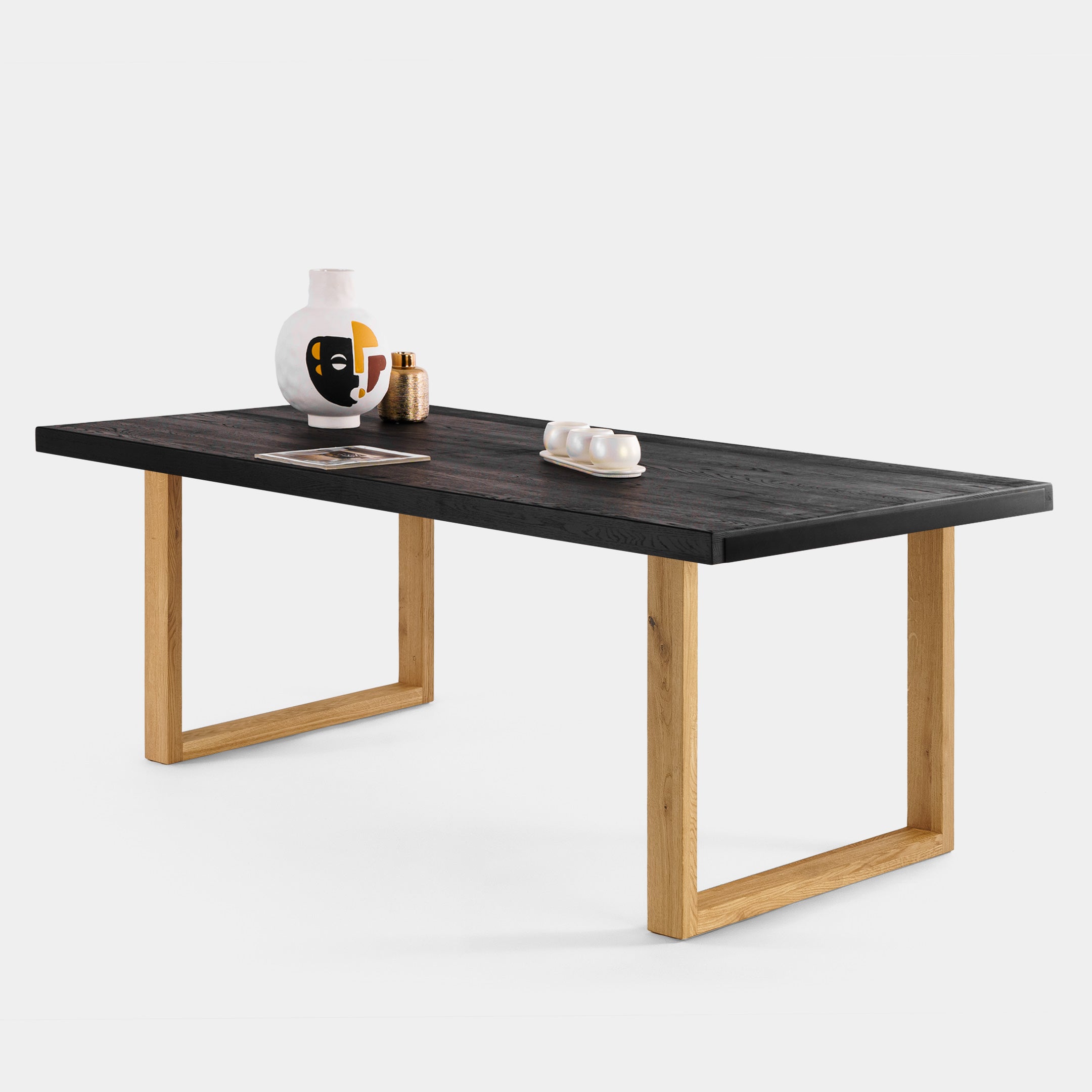 Mesa de Comedor de Madera Maciza de Roble Negra Rectangular y Patas de madera Roble Macizo U