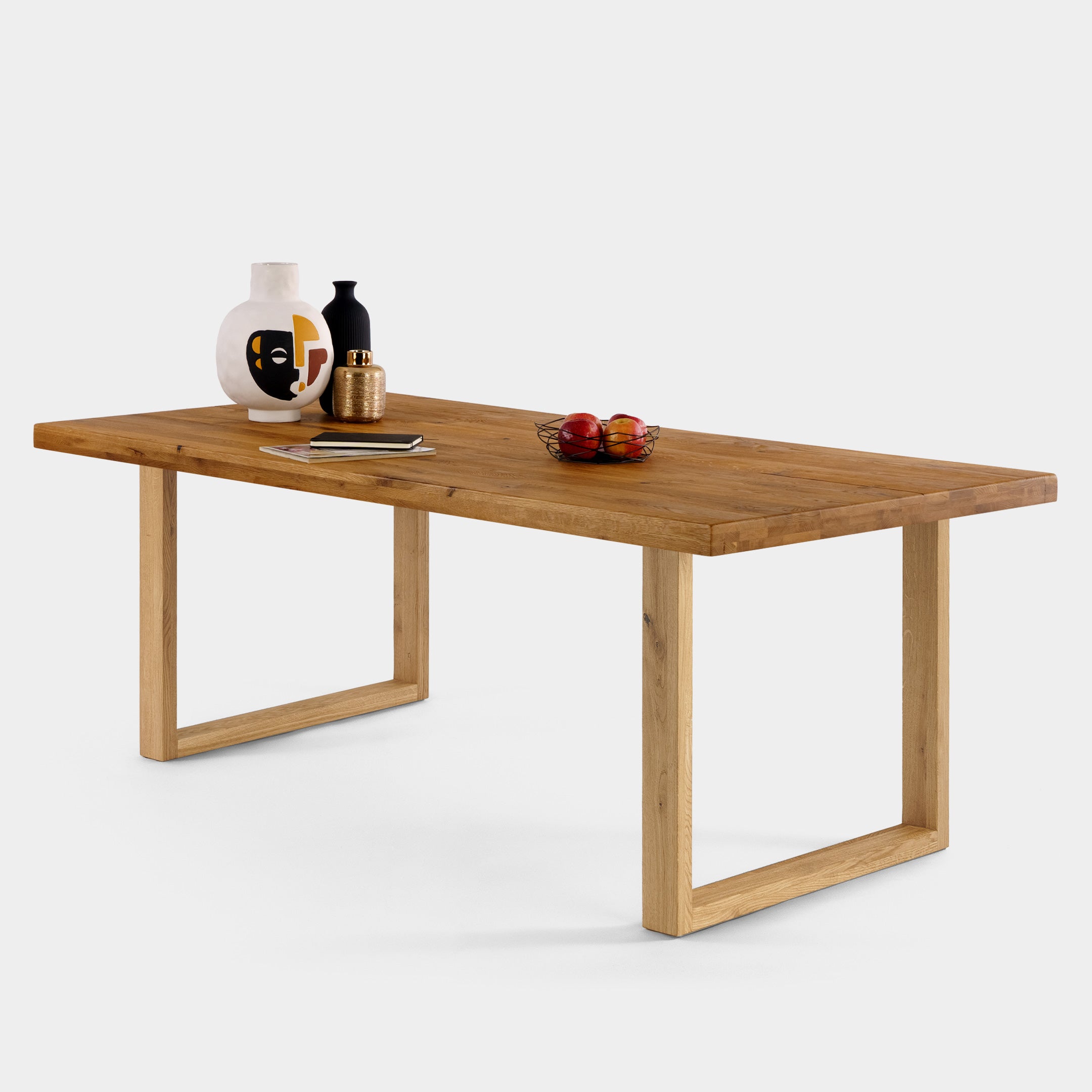 Table à manger rustique en bois de chêne ambré massif rectangulaire et pieds en bois de chêne massif U