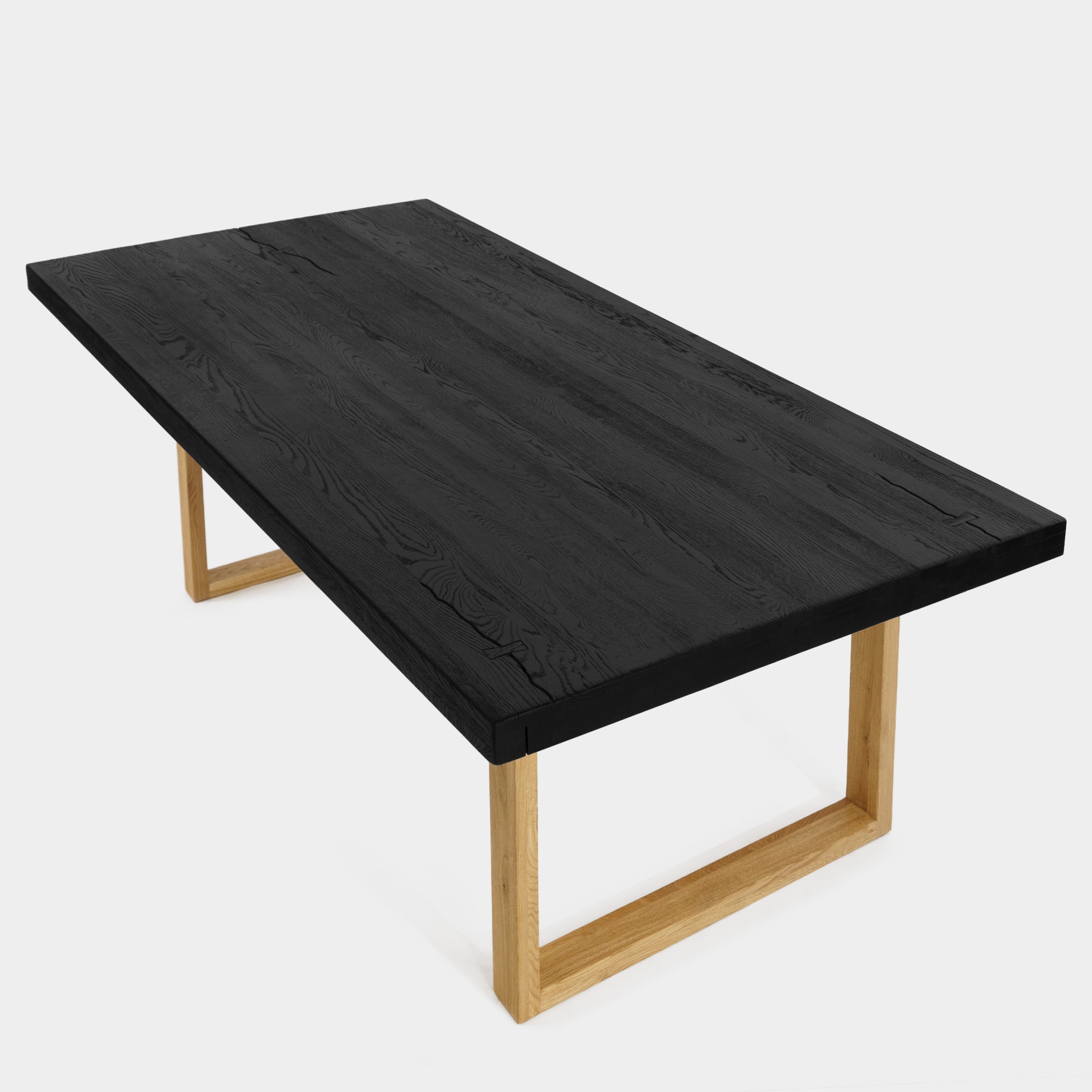 Table à manger rustique en bois de chêne massif noir rectangulaire et pieds en bois de chêne massif U