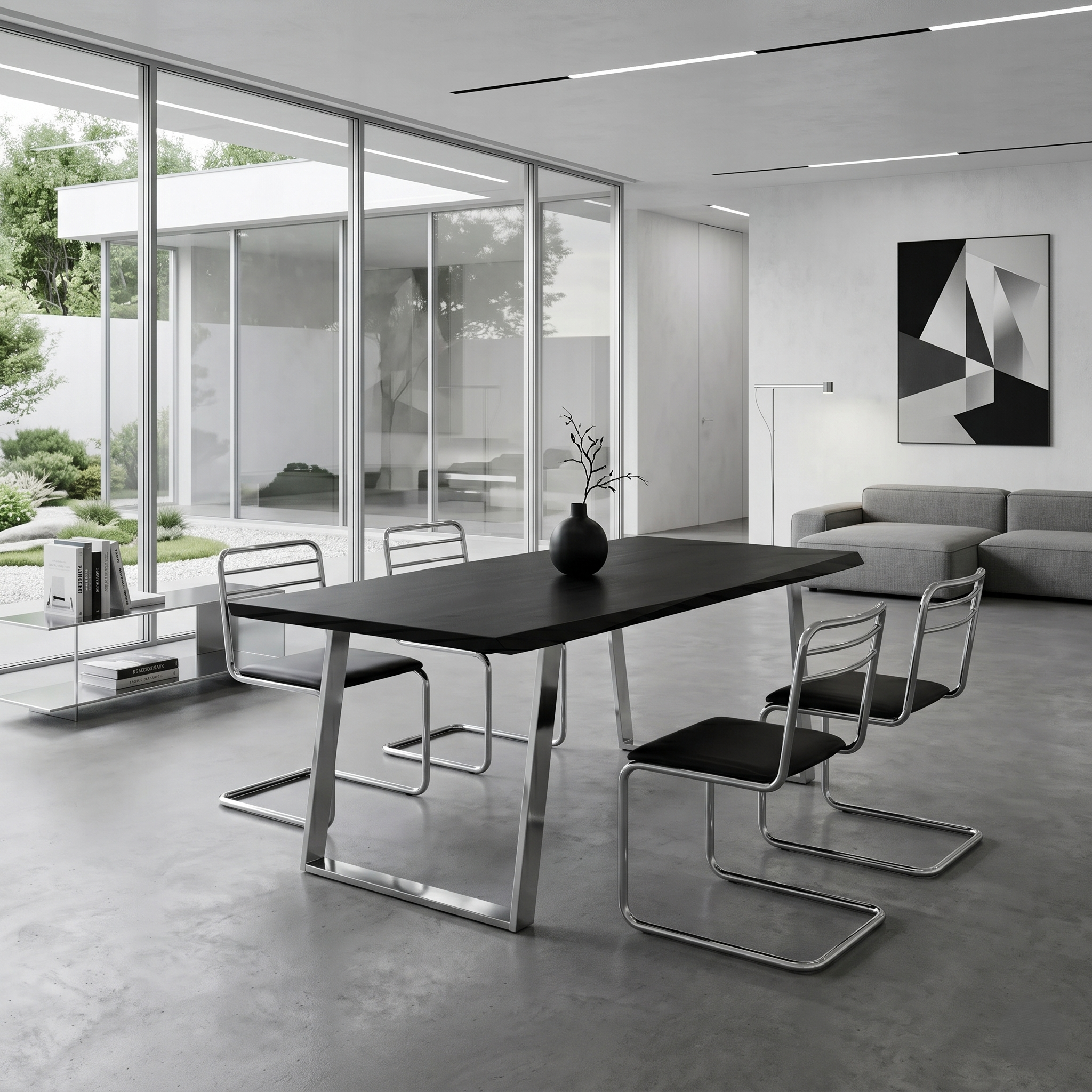 Mesa de comedor Crux de madera maciza de roble negro y patas inox