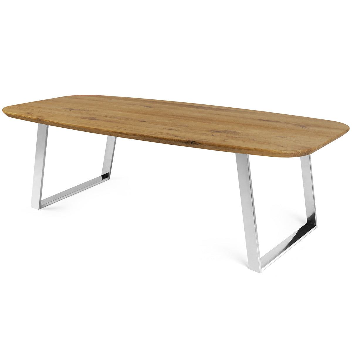 Mesa de comedor ovalada Elipse Ámbar de madera maciza de roble y patas de acero Inox