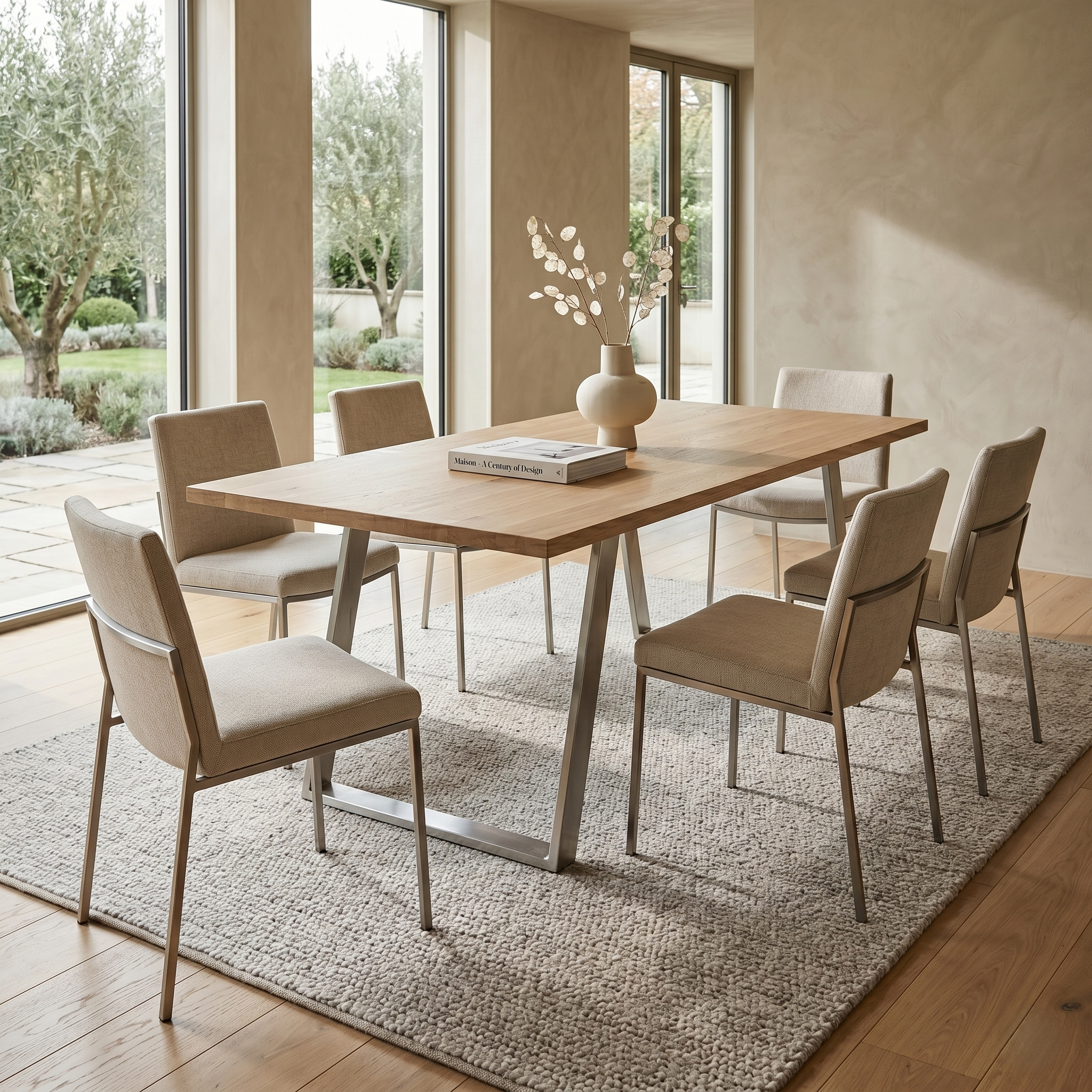 Mesa Frame Natura de madera maciza de roble y patas inclinadas de Inox