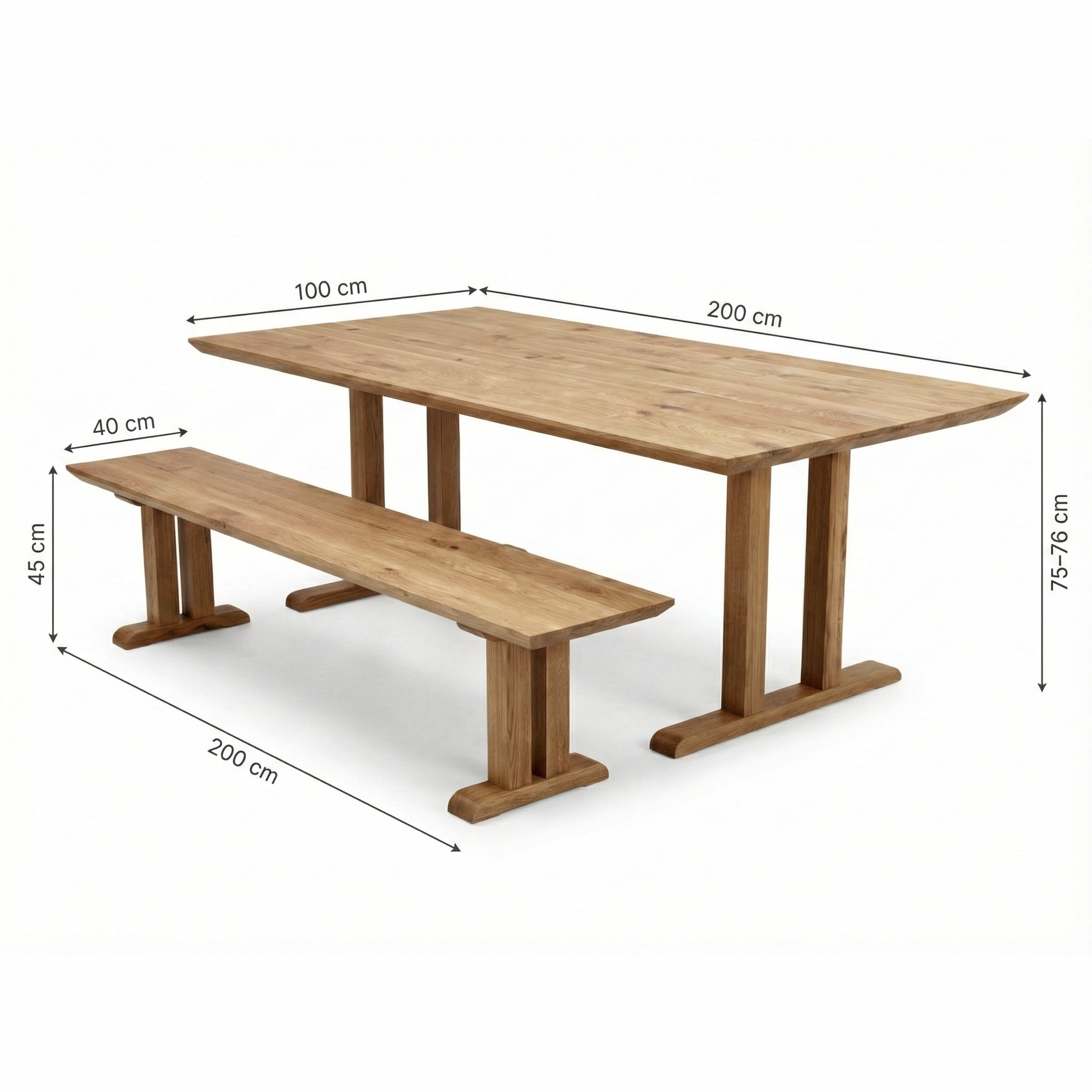 Mesa de comedor PIER de roble macizo 200x100 con banco 200x40