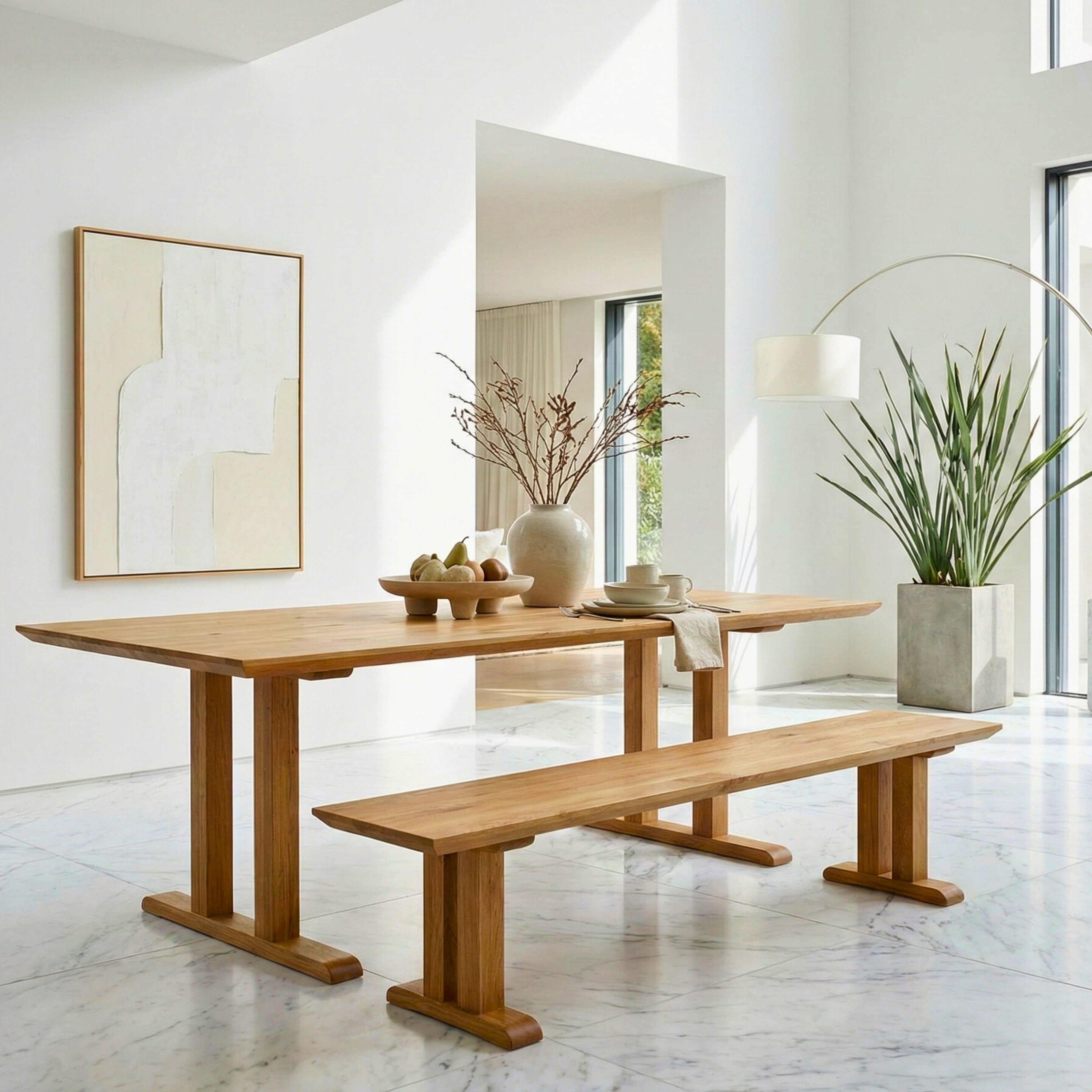 Mesa de comedor PIER de roble macizo 200x100 con banco 200x40