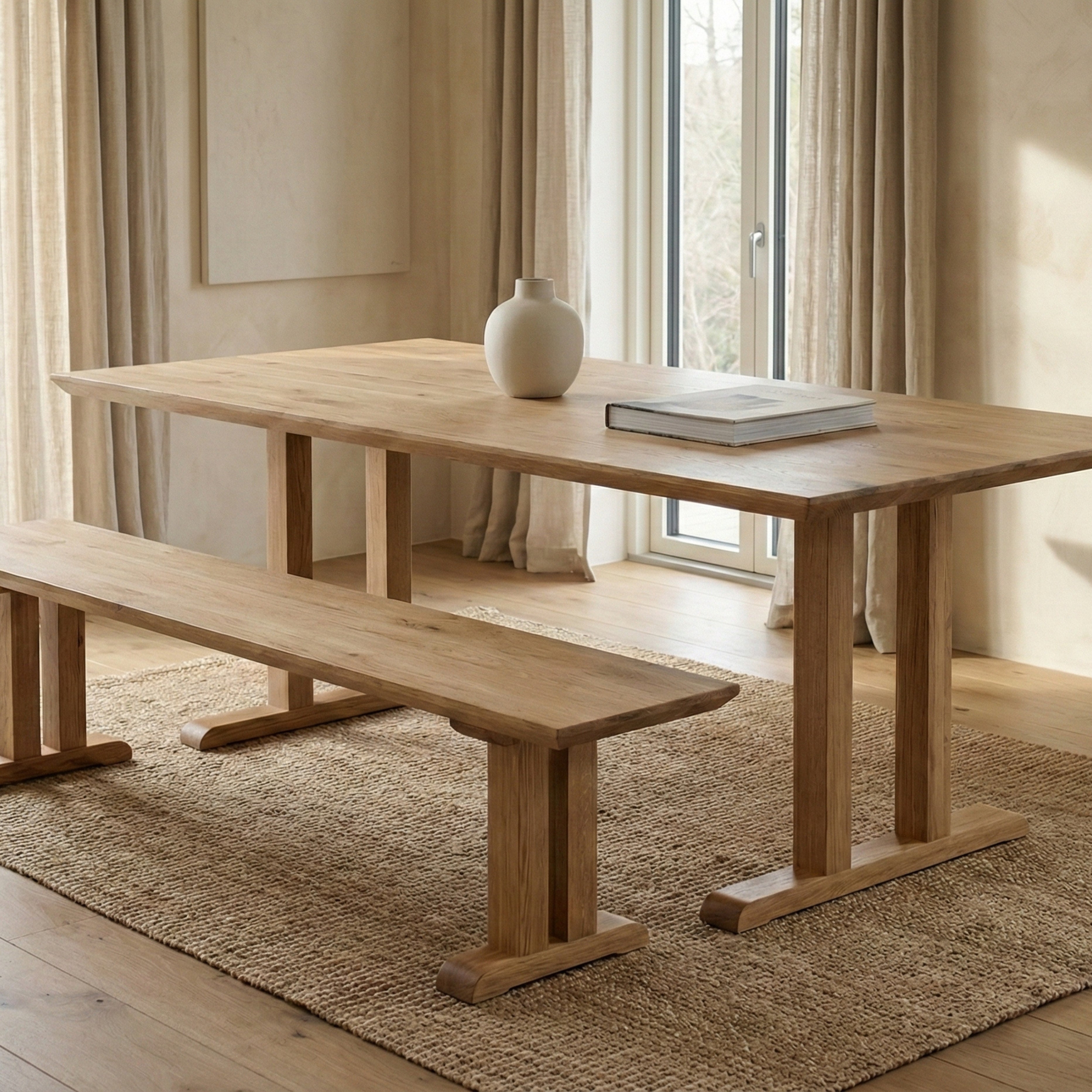 Mesa de comedor PIER de roble macizo 200x100 con banco 200x40