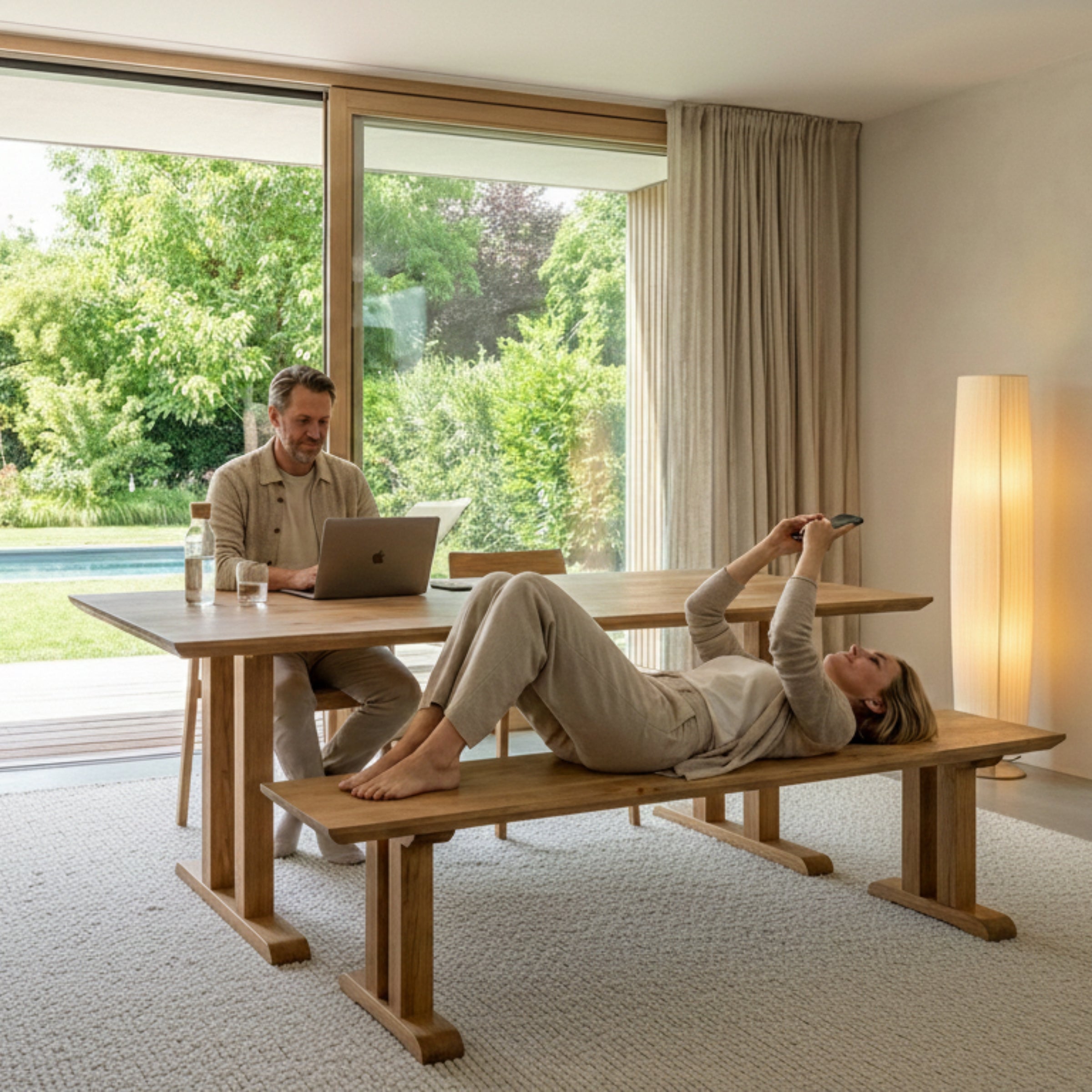 Mesa de comedor PIER de roble macizo 200x100 con banco 200x40