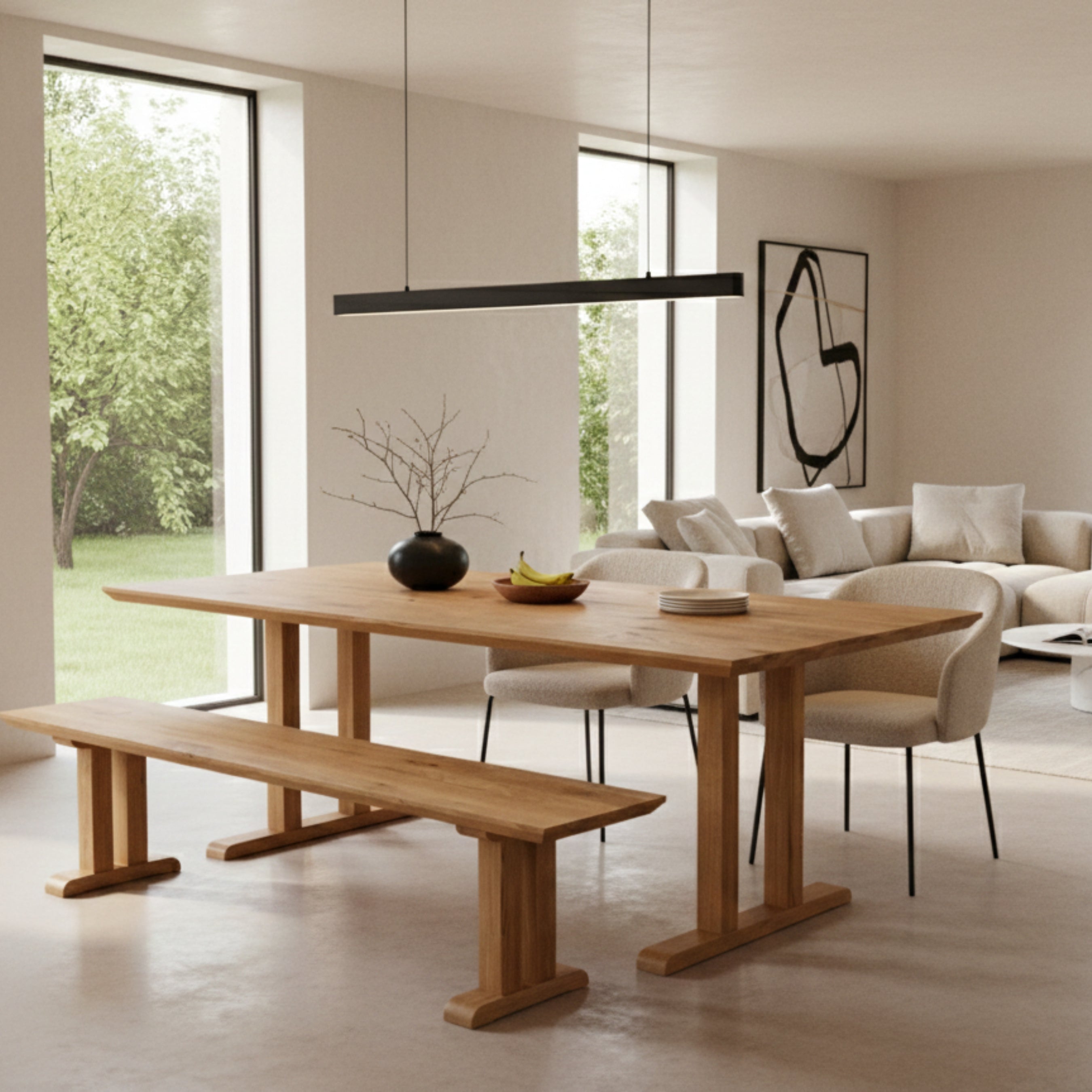 Mesa de comedor PIER de roble macizo 200x100 con banco 200x40