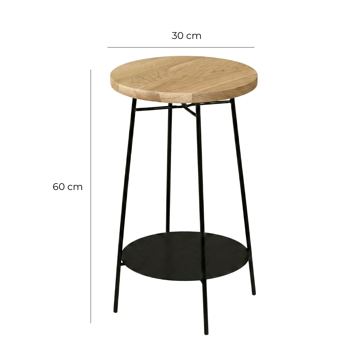 Mesa auxiliar PIVOT Ø30 x 60 cm de roble macizo | Bandeja inferior y estructura de acero negro pintado al horno