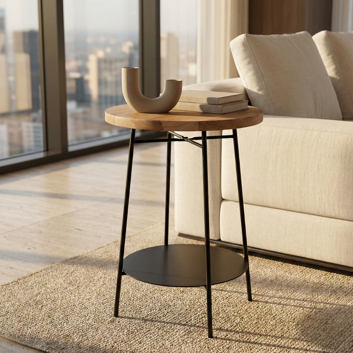 Mesa auxiliar PIVOT Ø30 x 60 cm de roble macizo | Bandeja inferior y estructura de acero negro pintado al horno