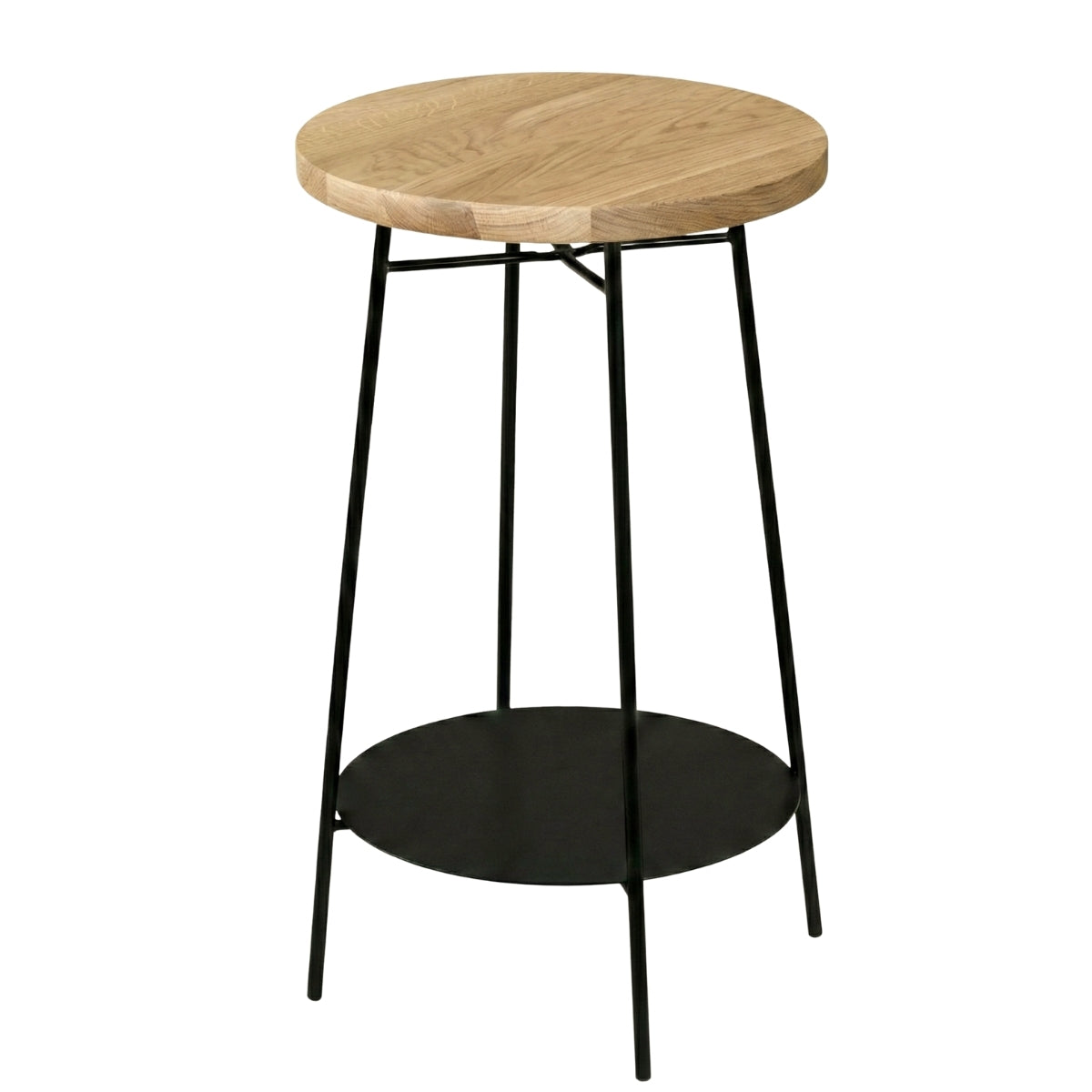 Mesa auxiliar PIVOT Ø30 x 60 cm de roble macizo | Bandeja inferior y estructura de acero negro pintado al horno