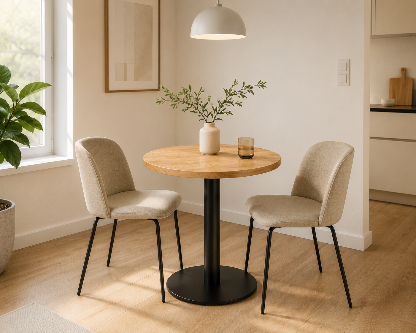 Mesa Redonda LUMA de Roble Macizo Natural 50 cm con Base Negra Central