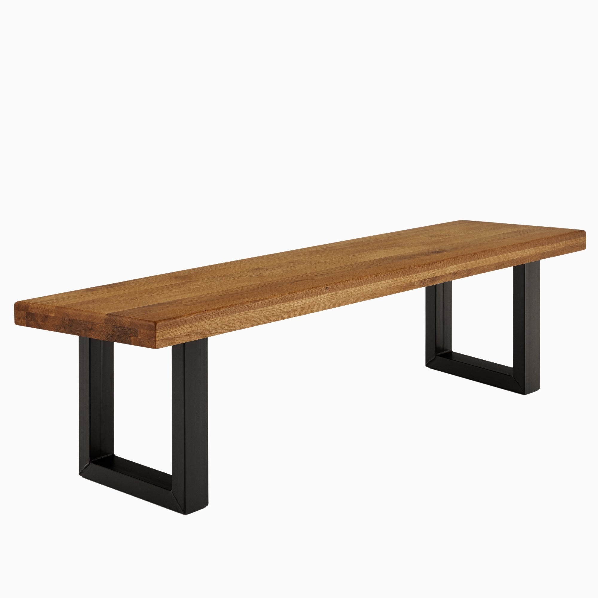 Banco de Roble Macizo Ámbar con Patas Metálicas en U Negras –  Ancho 120 a 220 cm