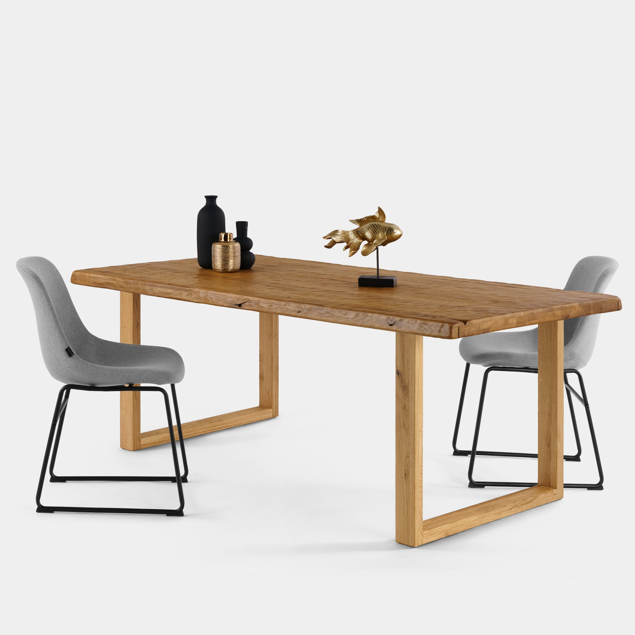 Mesa de Comedor Rustica con Relieve de Madera Maciza de Roble Ambar y Patas madera de Roble Macizo U