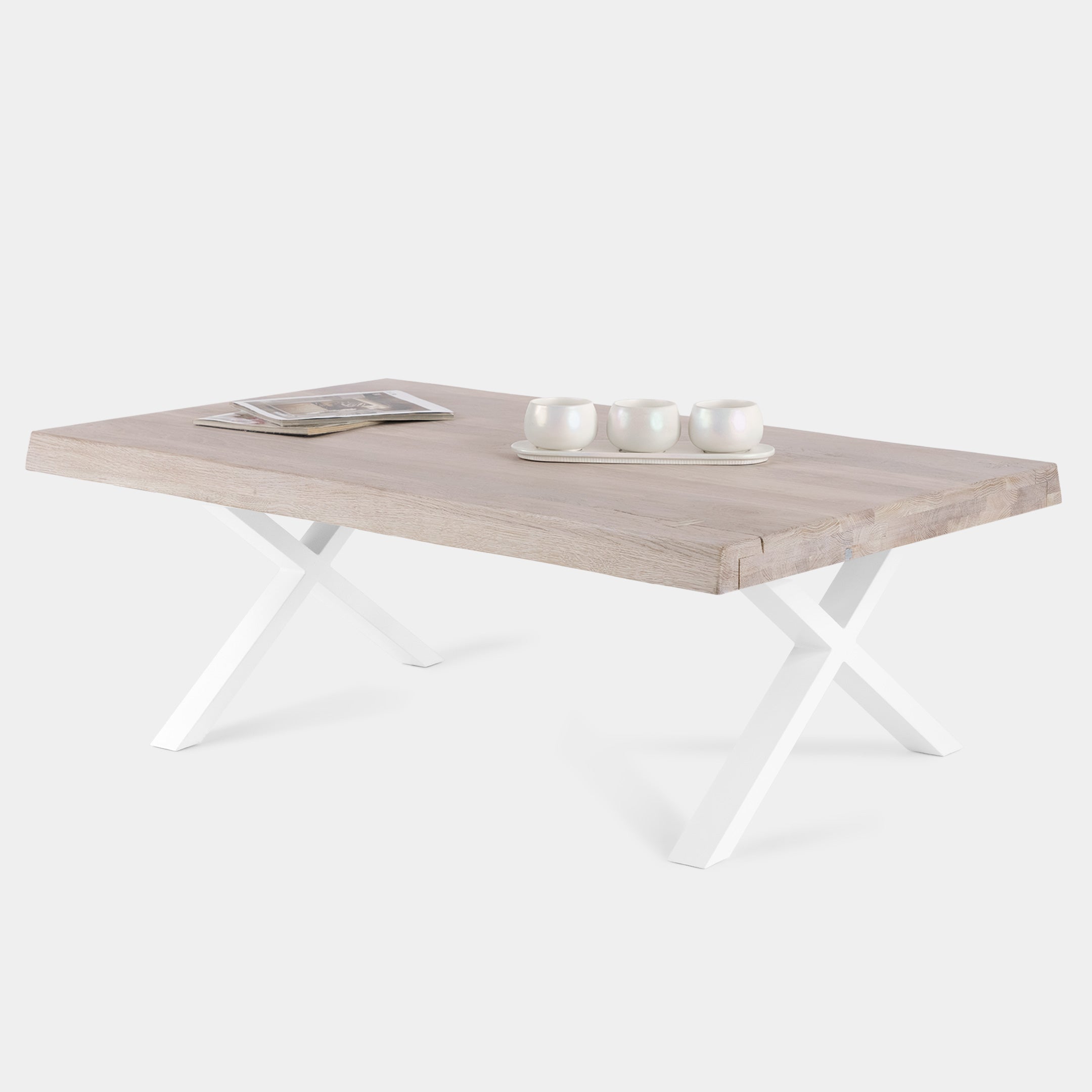 Mesa de Centro Rustica de Madera Maciza de Roble Blanqueado Ondulada y Patas de Acero X