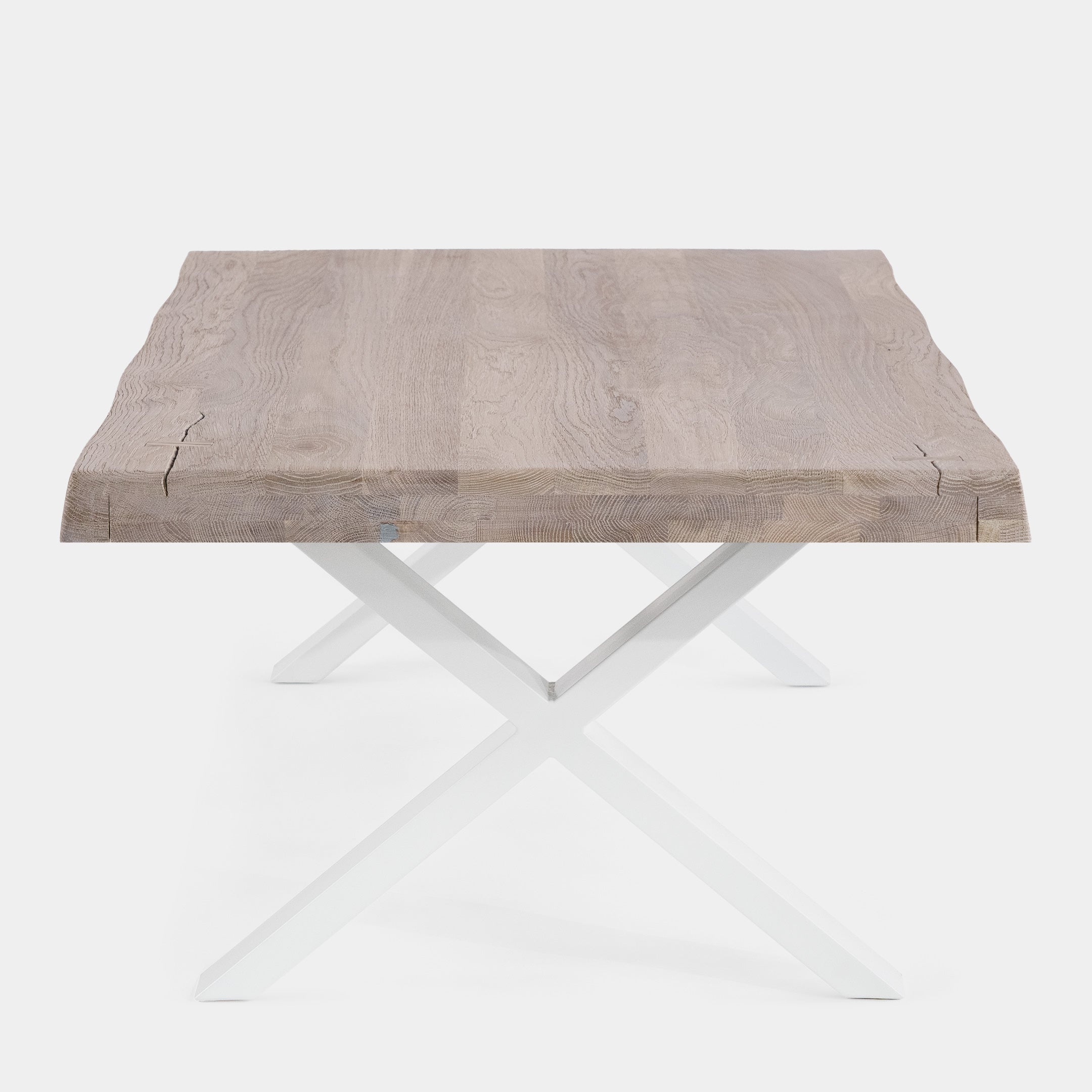 Mesa de Centro Rustica de Madera Maciza de Roble Blanqueado Ondulada y Patas de Acero X