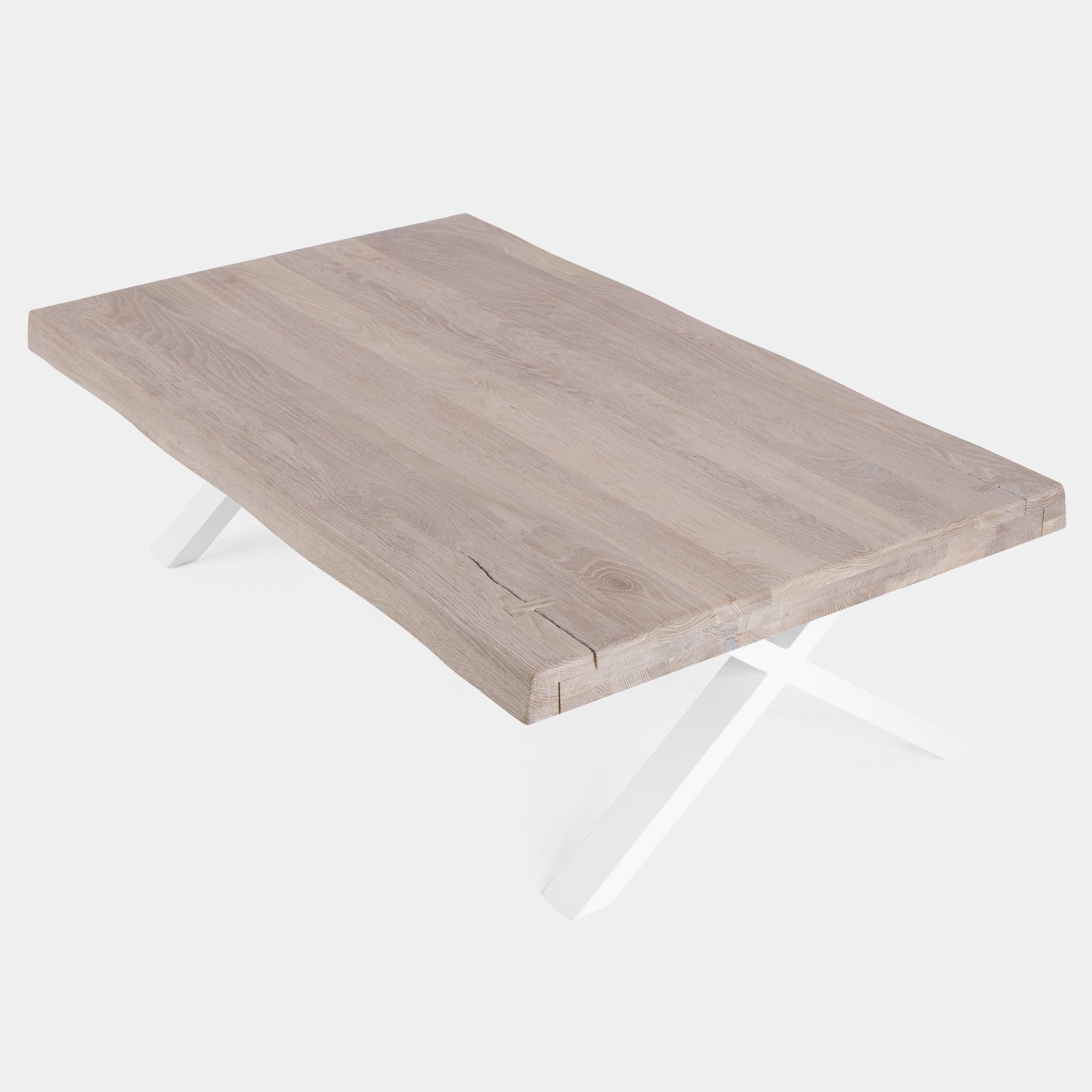 Mesa de Centro Rustica de Madera Maciza de Roble Blanqueado Ondulada y Patas de Acero X