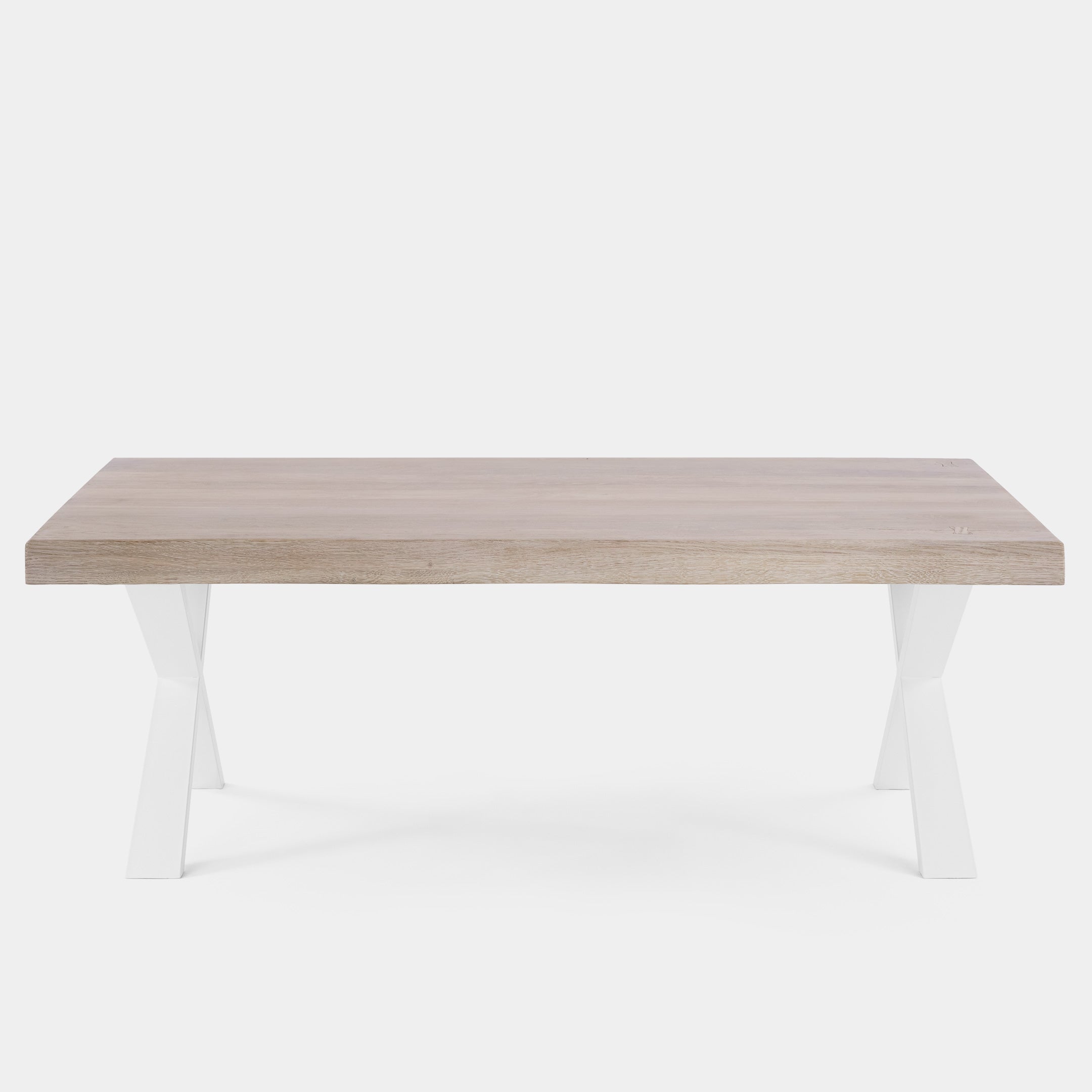 Mesa de Centro Rustica de Madera Maciza de Roble Blanqueado Ondulada y Patas de Acero X