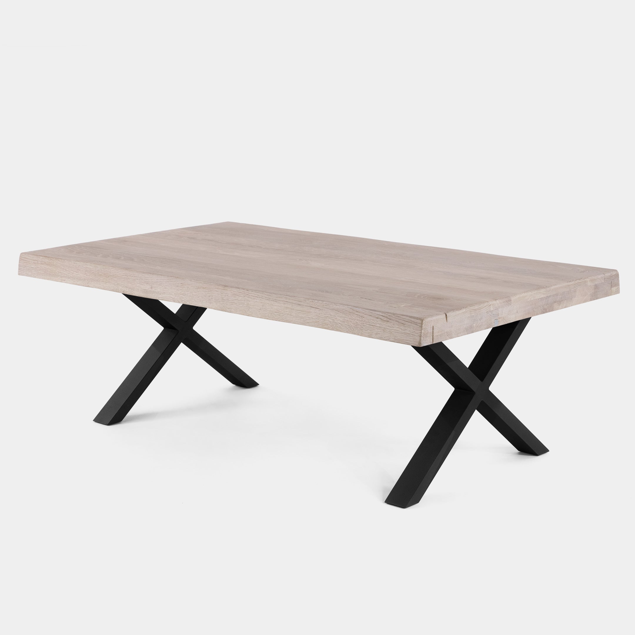 Mesa de Centro Rustica de Madera Maciza de Roble Blanqueado Ondulada y Patas de Acero X