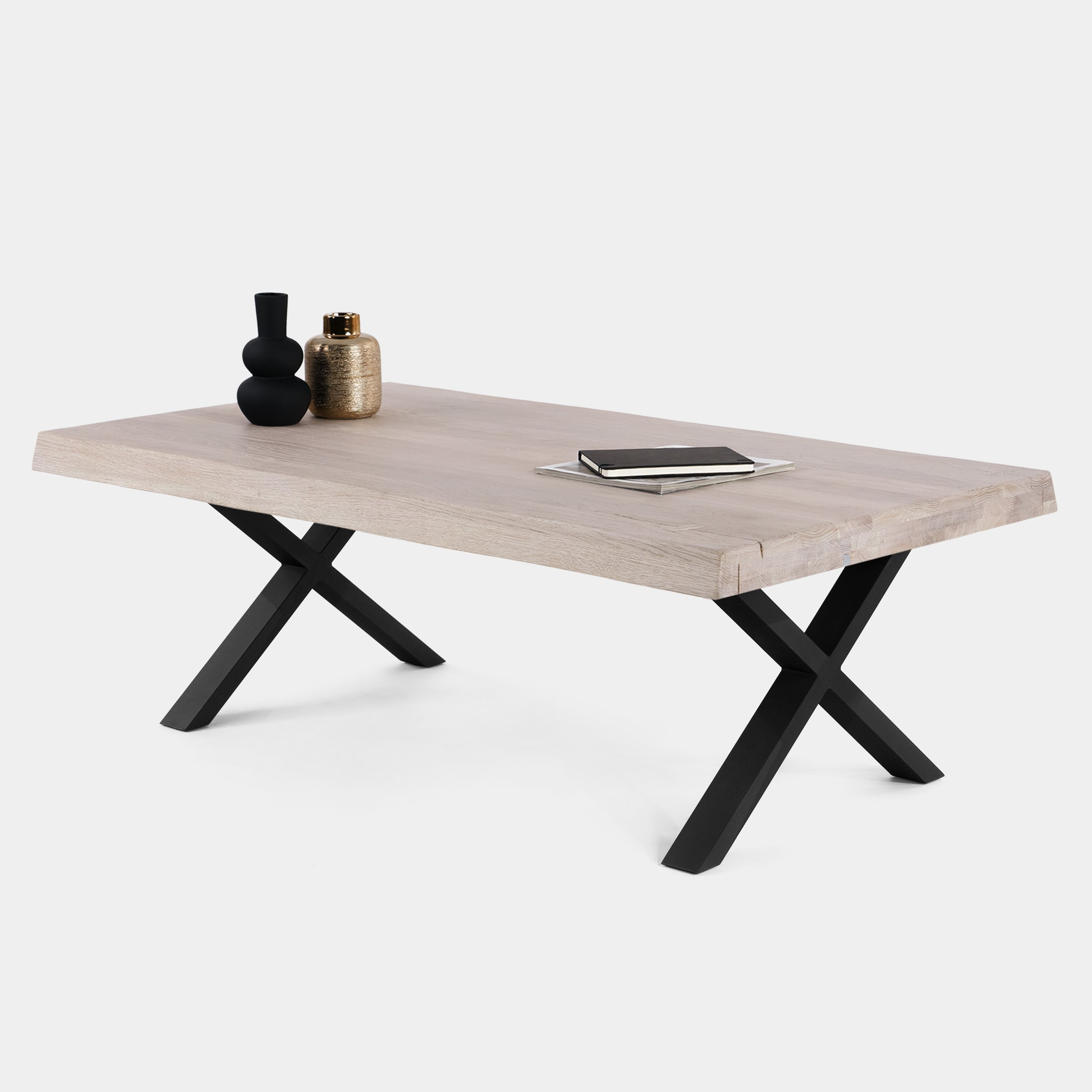 Mesa de Centro Rustica de Madera Maciza de Roble Blanqueado Ondulada y Patas de Acero X