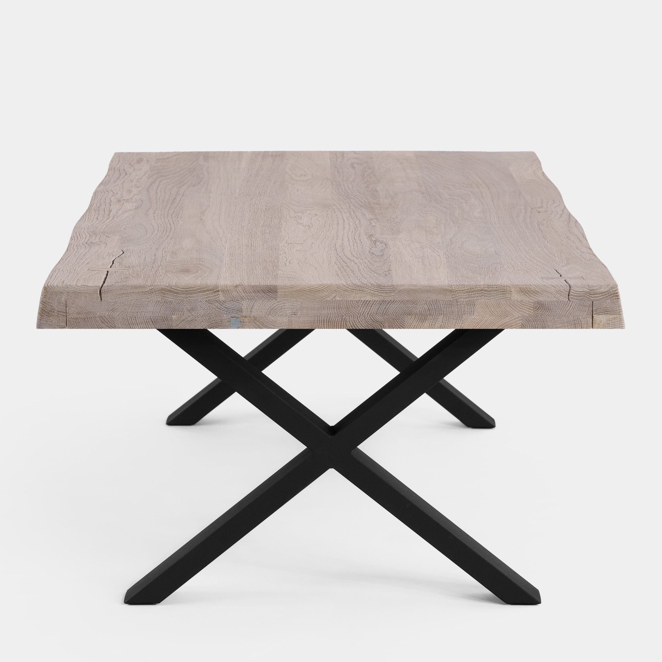 Mesa de Centro Rustica de Madera Maciza de Roble Blanqueado Ondulada y Patas de Acero X