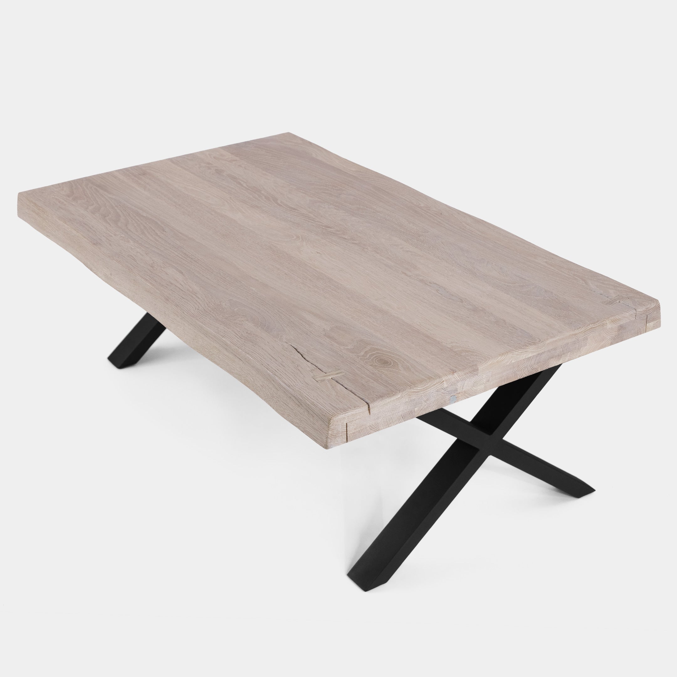 Mesa de Centro Rustica de Madera Maciza de Roble Blanqueado Ondulada y Patas de Acero X