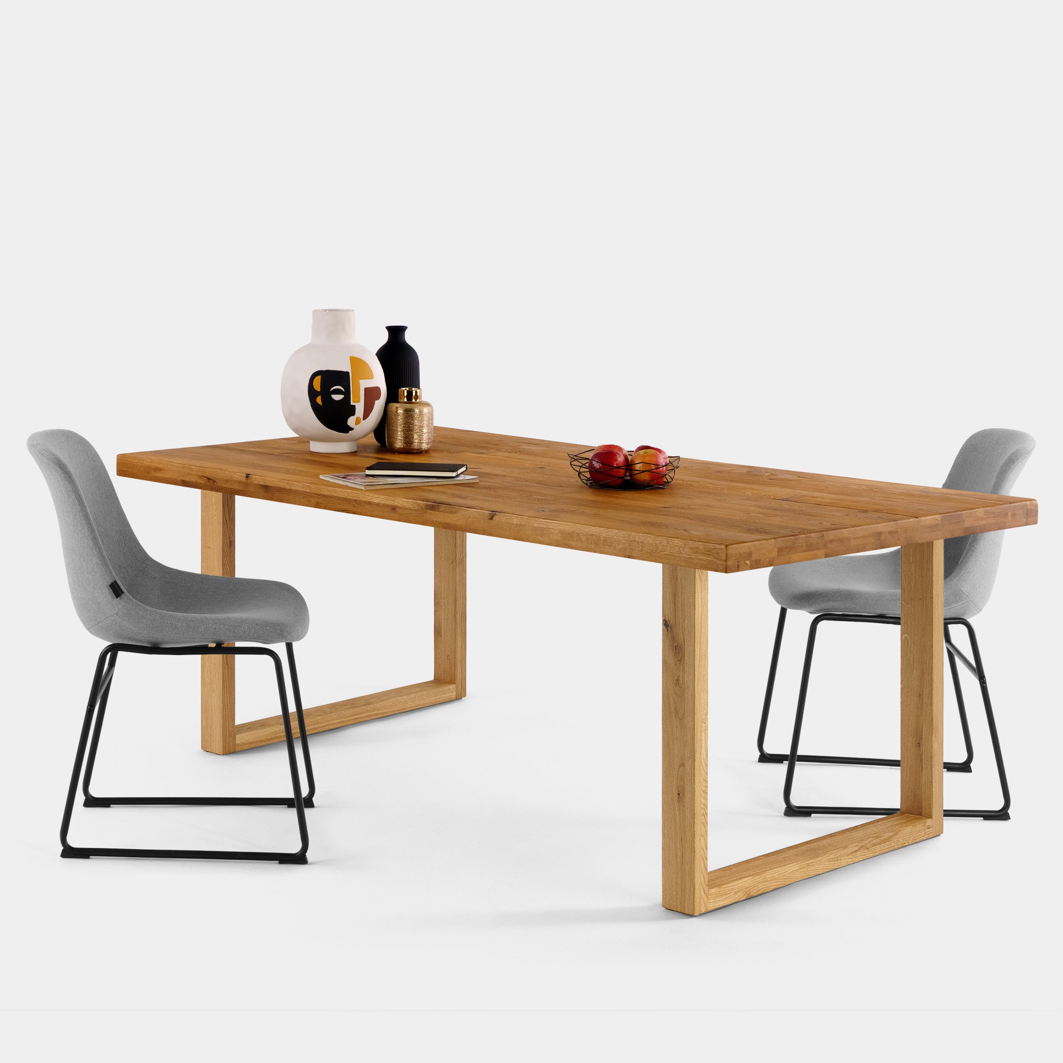 Table de salle à manger rectangulaire en bois de chêne massif, couleur ambre et pieds en bois de chêne massif en U