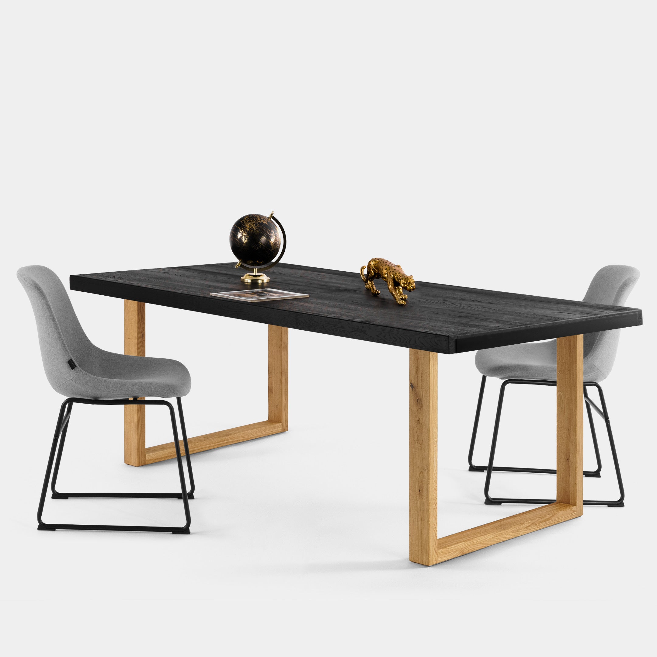 Mesa de Comedor de Madera Maciza de Roble Negra Rectangular y Patas de madera Roble Macizo U