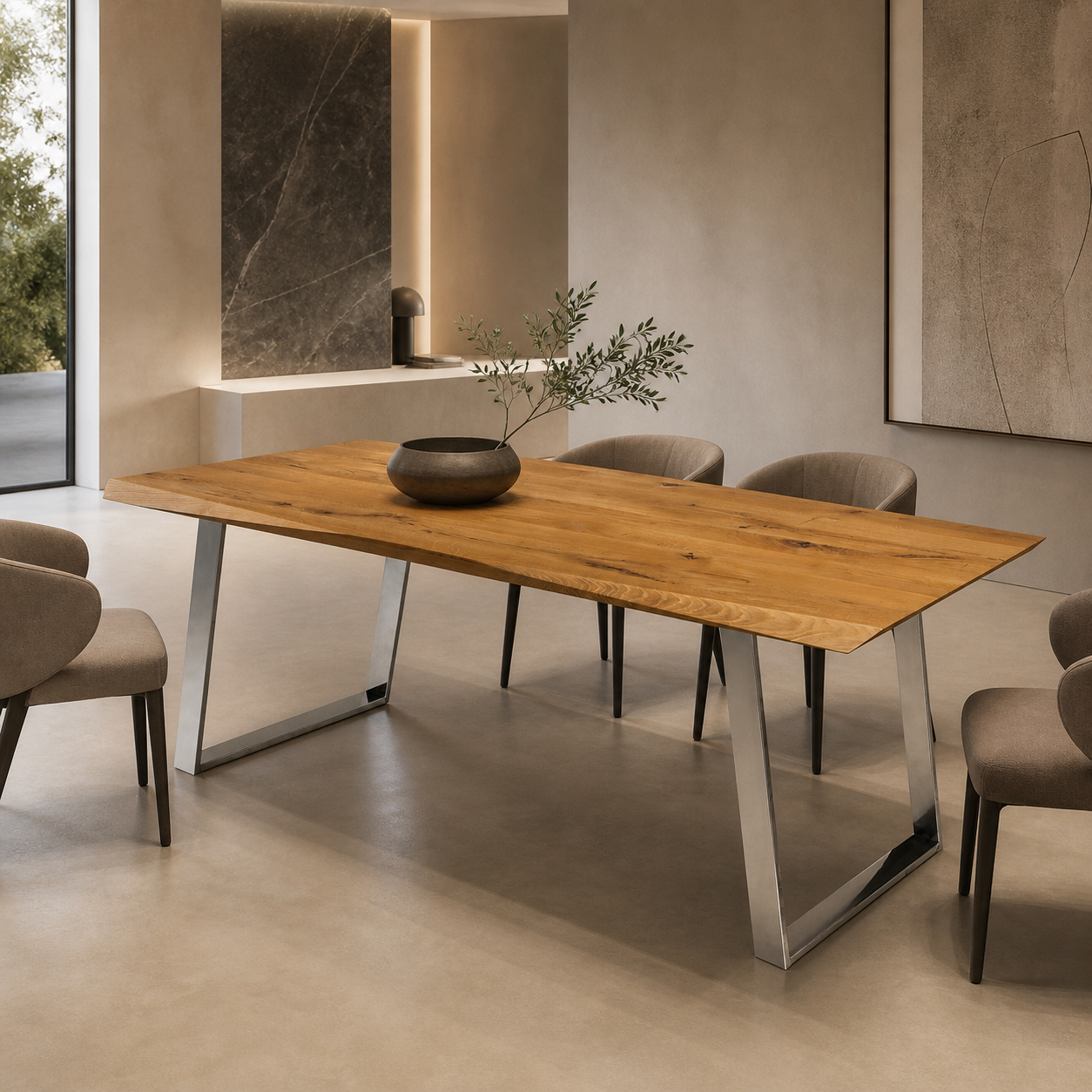 Mesa de comedor Crux de madera maciza de roble ámbar y patas Inox