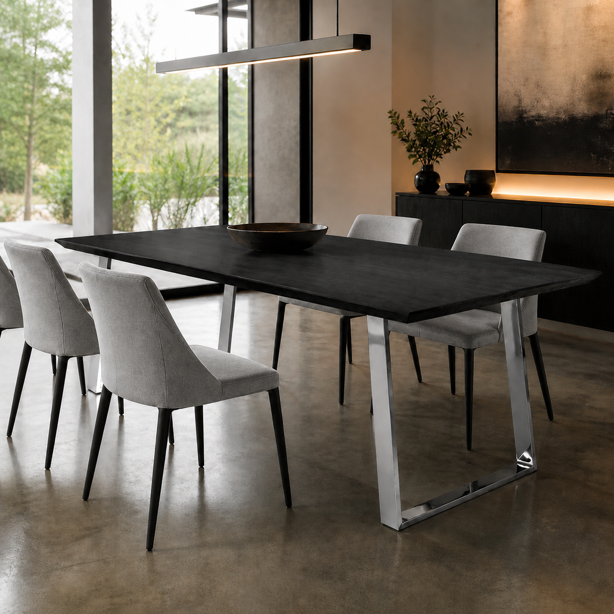 Mesa de comedor Crux de madera maciza de roble negro y patas inox