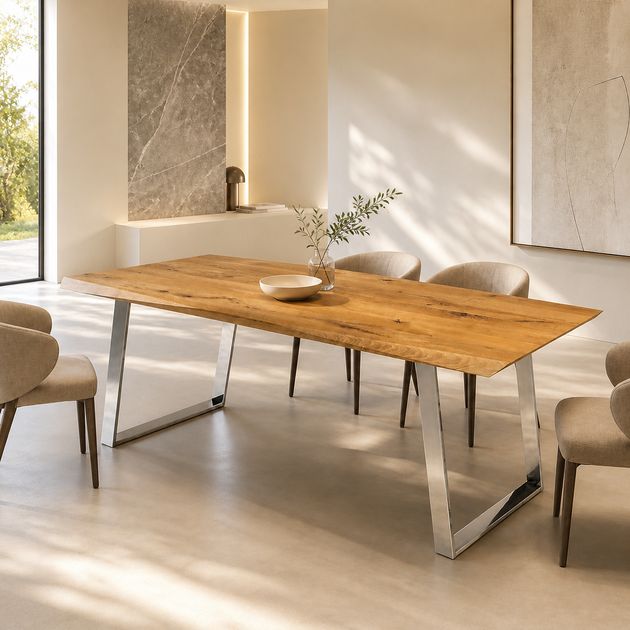 Mesa de comedor Crux de madera maciza de roble natural y patas Inox