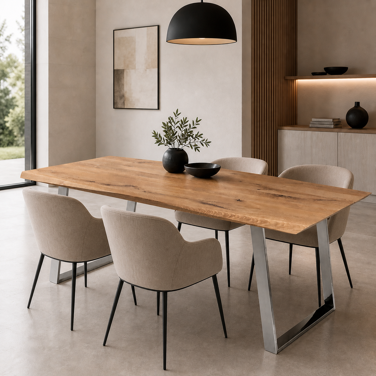 Mesa de comedor Crux de madera maciza de roble natural y patas Inox