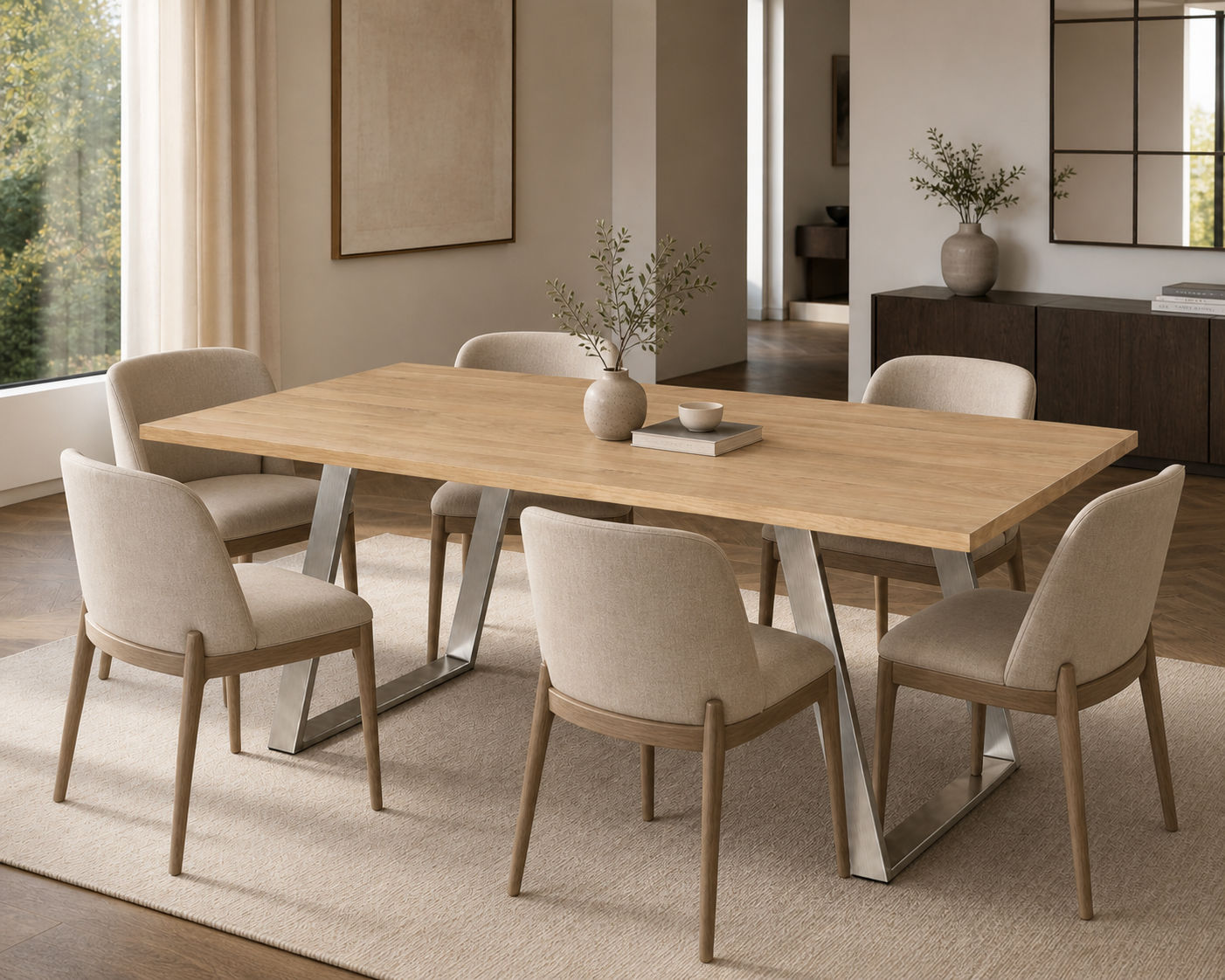 Mesa Frame Natura de madera maciza de roble y patas inclinadas de Inox